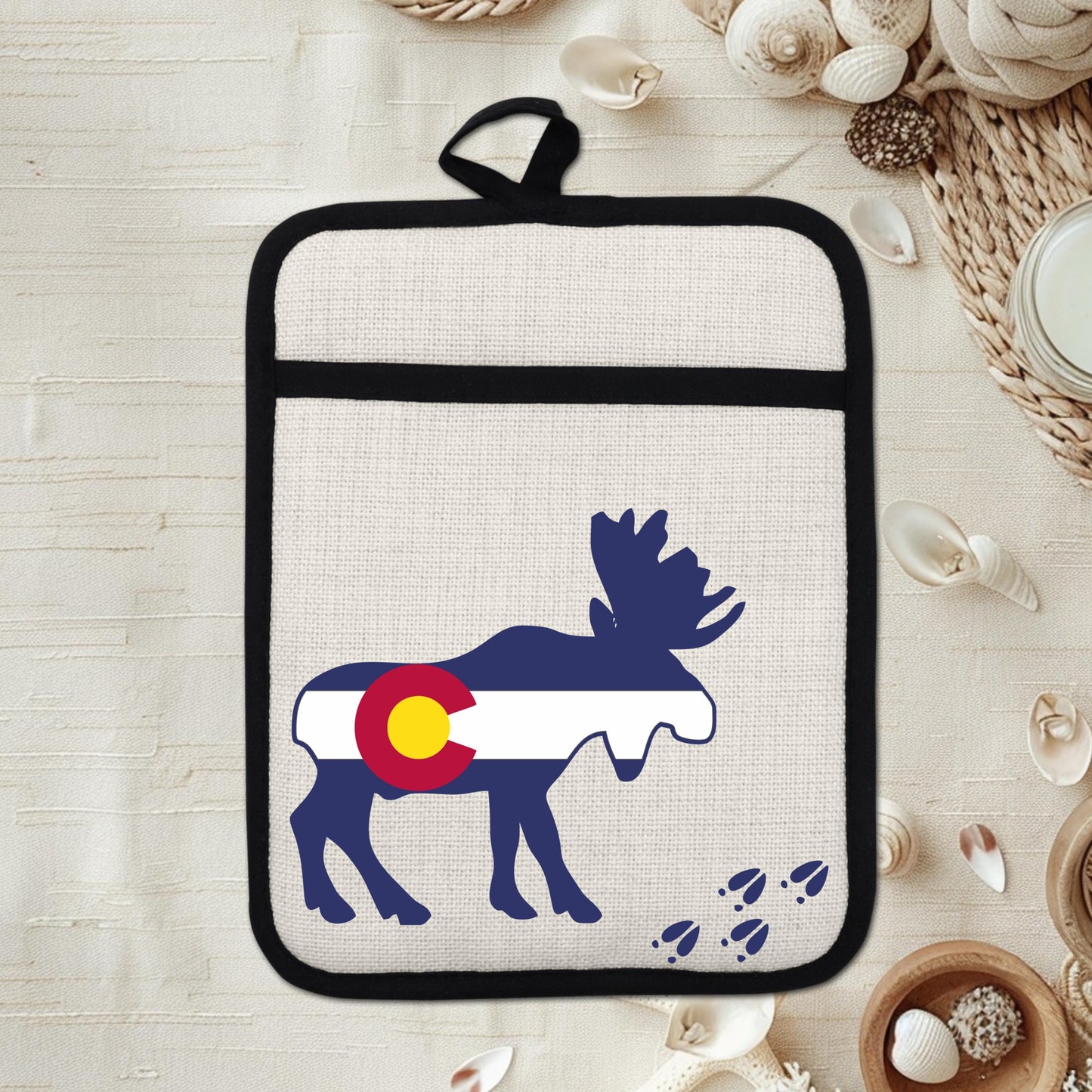 Colorado Moose Pot Holder - Heat Resistant Trivet with Silicone Back & Linen Fabric Front - product dimensions and specifi...