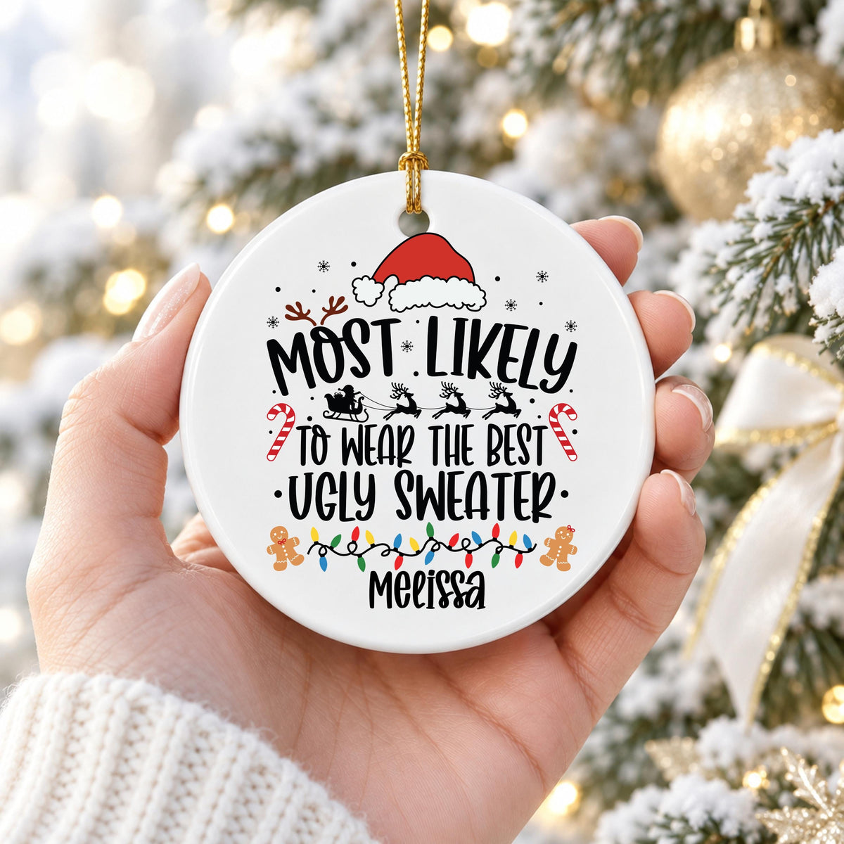 Personalized Christmas Ornament Ugly Sweater Ceramic, Custom Name