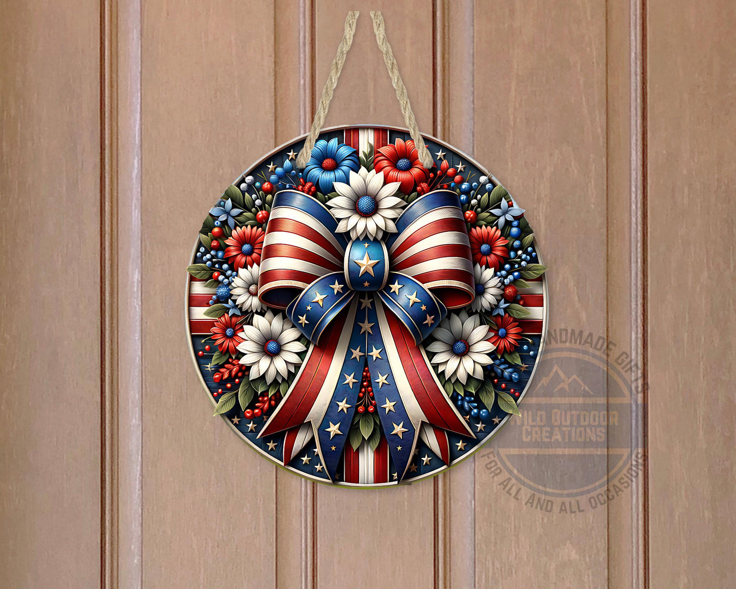 Patriotic Door Hanger – Aluminum Door Sign with American Flag Bow & Floral Design - product dimensions and specifications