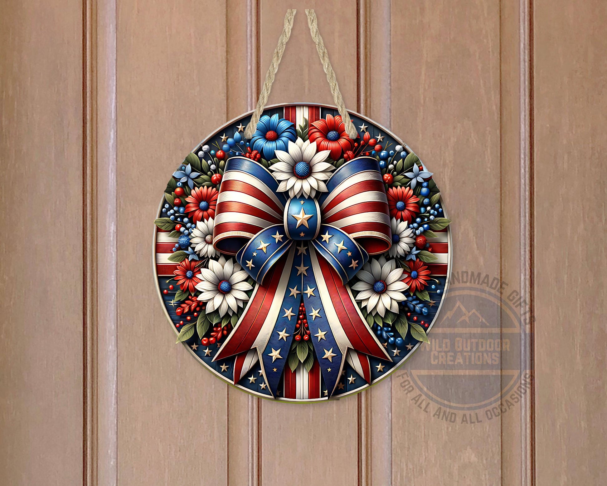 Patriotic Door Hanger – Aluminum Door Sign with American Flag Bow & Floral Design - product dimensions and specifications