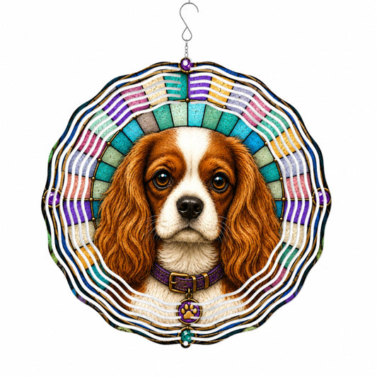 Cavalier King Charles Spaniel Wind Spinner Faux Stained Glass Dog Garden Decor Gift
