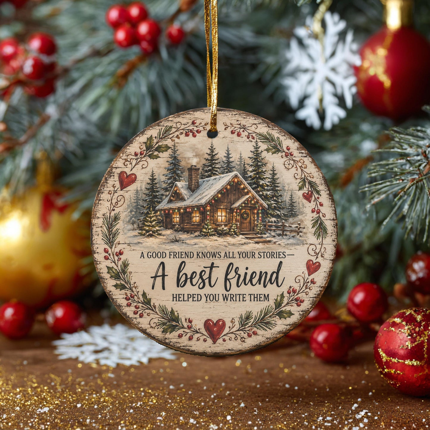 A wooden ornament with a winter scene and a quote hangs in front of a Christmas tree decorated with red and gold ornaments.