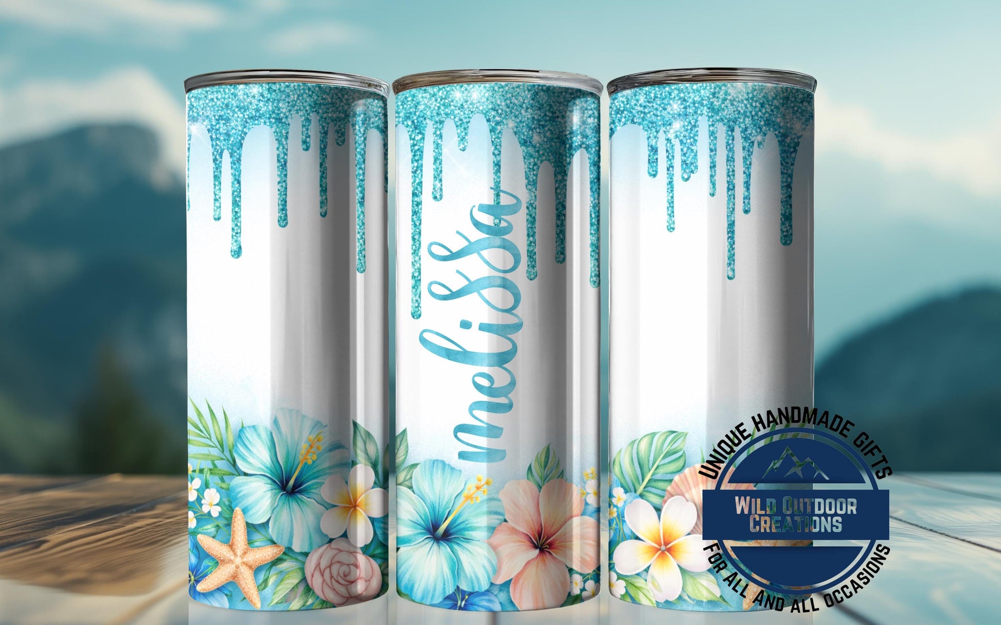 Personalized Tropical Tumbler - Double Wall Tumbler With Floral Beach Design & Glow Green - product dimensions and specifi...