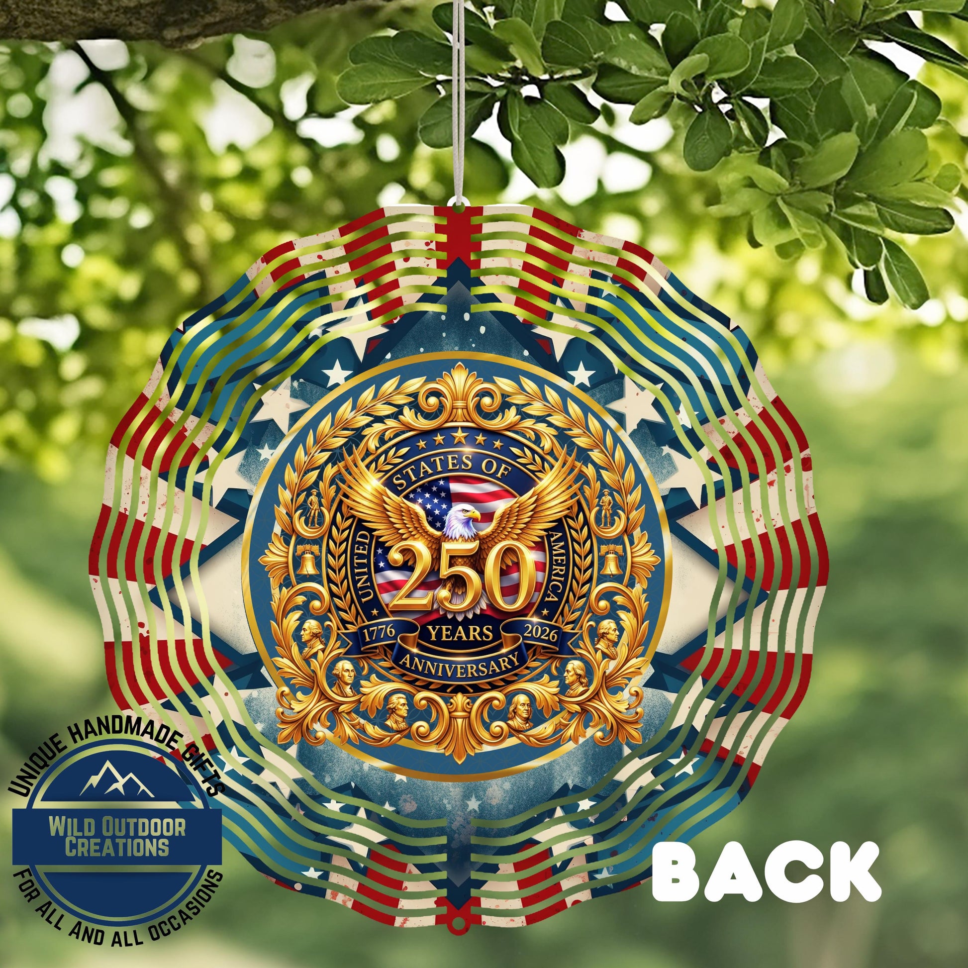 USA 250th Wind Spinner – Double Sided Gold Eagle Wall Art | Patriotic Garden Decor - close-up detail of design