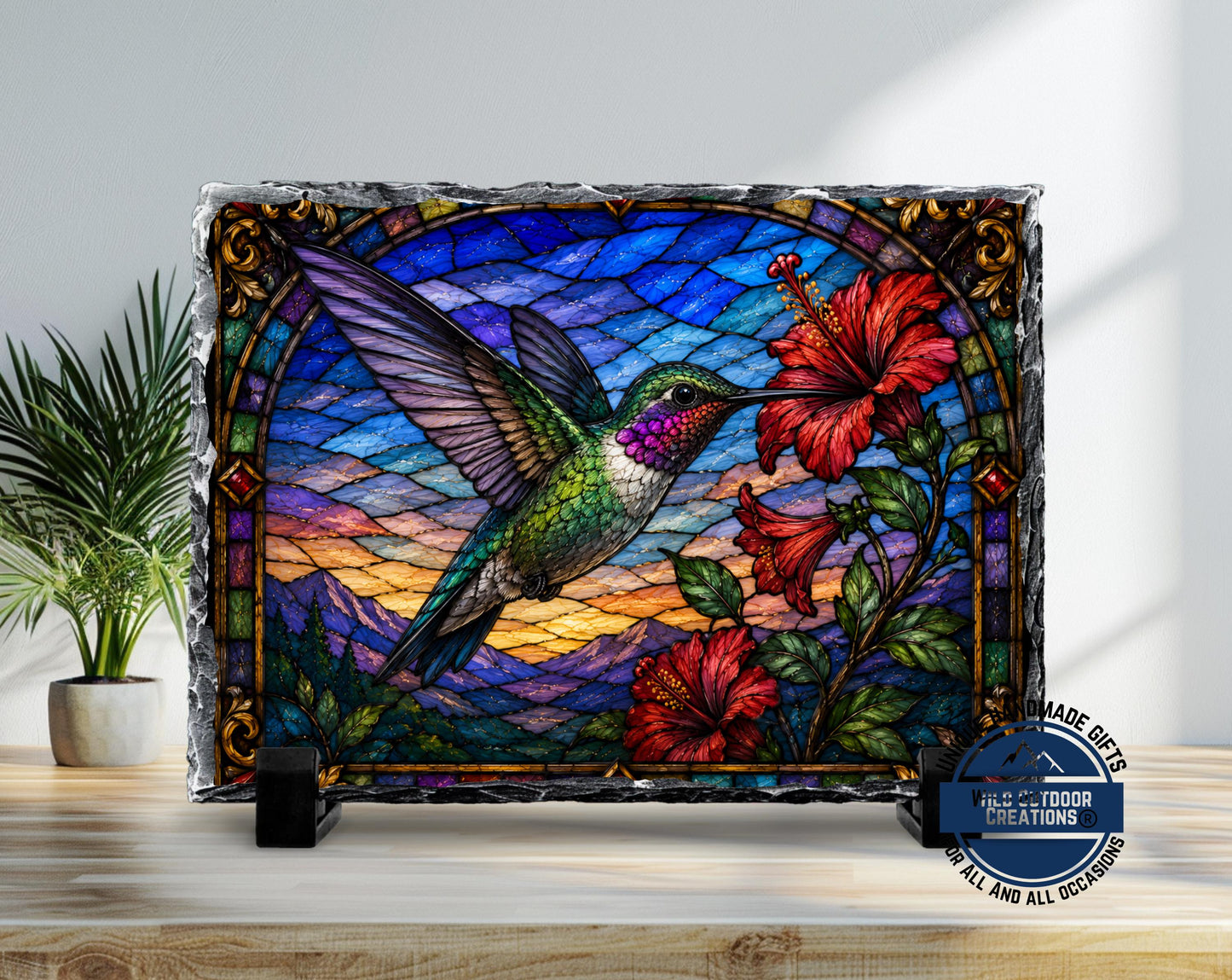 Hummingbird Faux Stained Glass Slate Plaque, Hibiscus Sunset Bird Decor, Garden Lover Gift