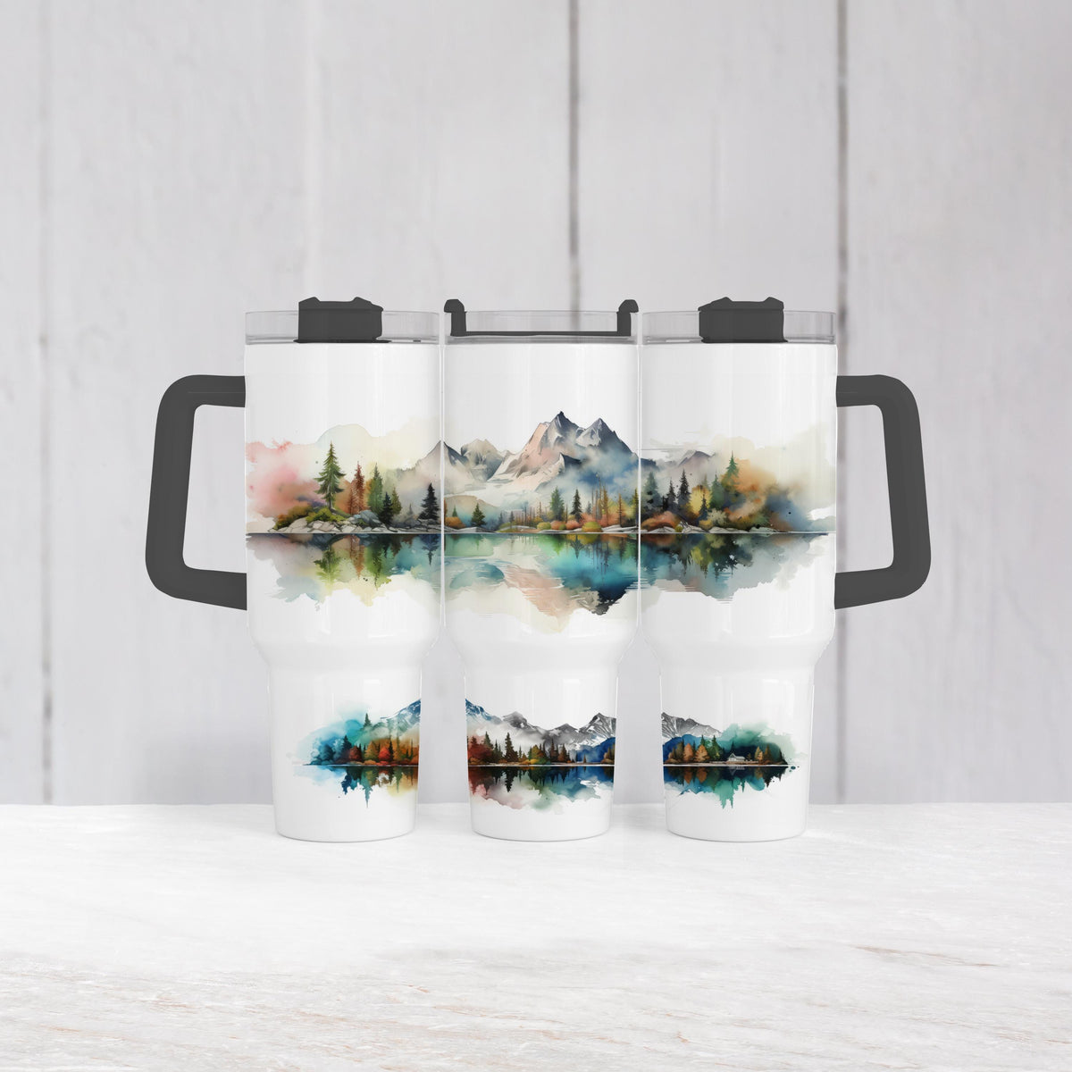 Mountain Lake Tumbler, 40 Oz Watercolor Handle, Forest Landscape