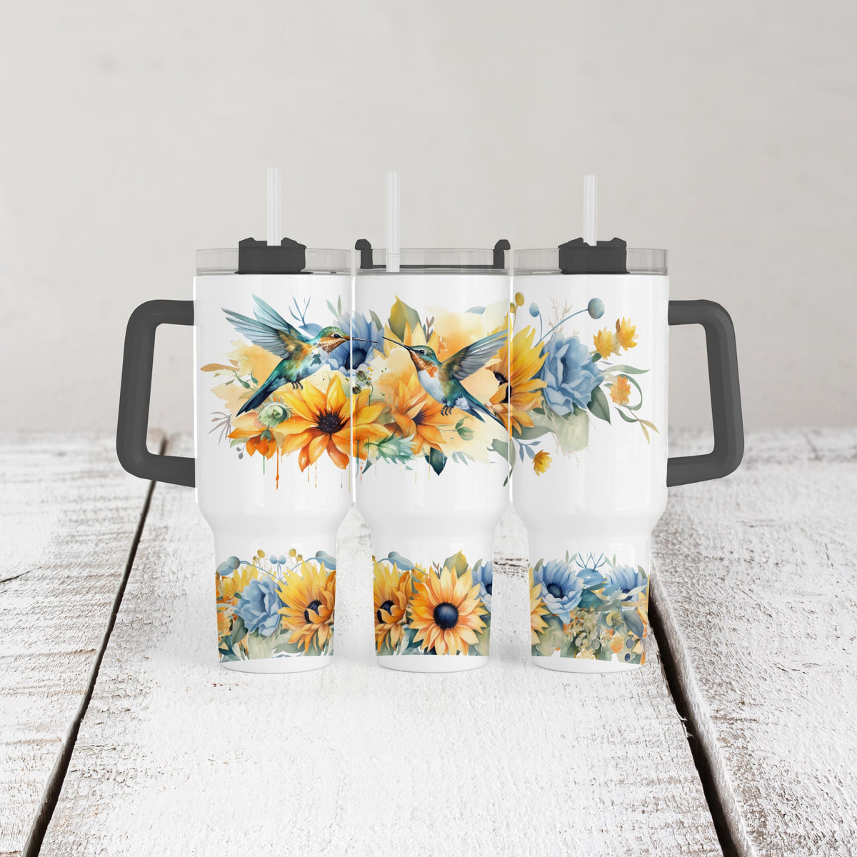 40 Oz Tumbler, Hummingbird Sunflower Blue Floral Cup With Handle
