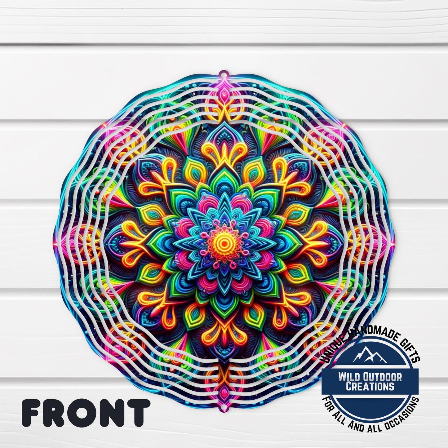 Neon Mandala Wind Spinner - 10 Inch Aluminum Outdoor Wind Spinner with Vibrant Neon Colors - additional angle