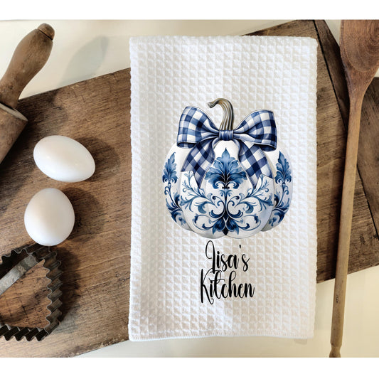 Personalized Chinoiserie Pumpkin Waffle Towel - Unique Hostess Gift
