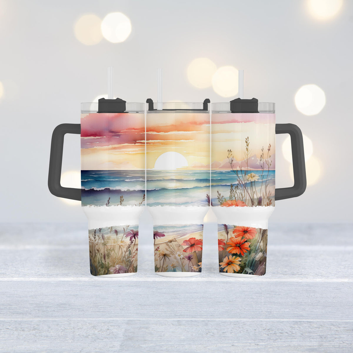 Beach Sunset Tumbler, 40 Oz Handle, Ocean Waves, Wildflower Gift