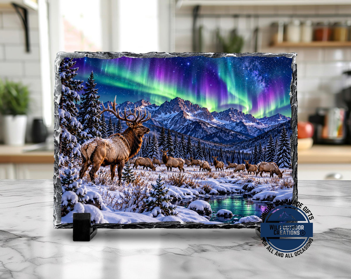 Elk Herd Slate Plaque, Northern Lights Wildlife Art, Rustic Mountain Cabin Decor
