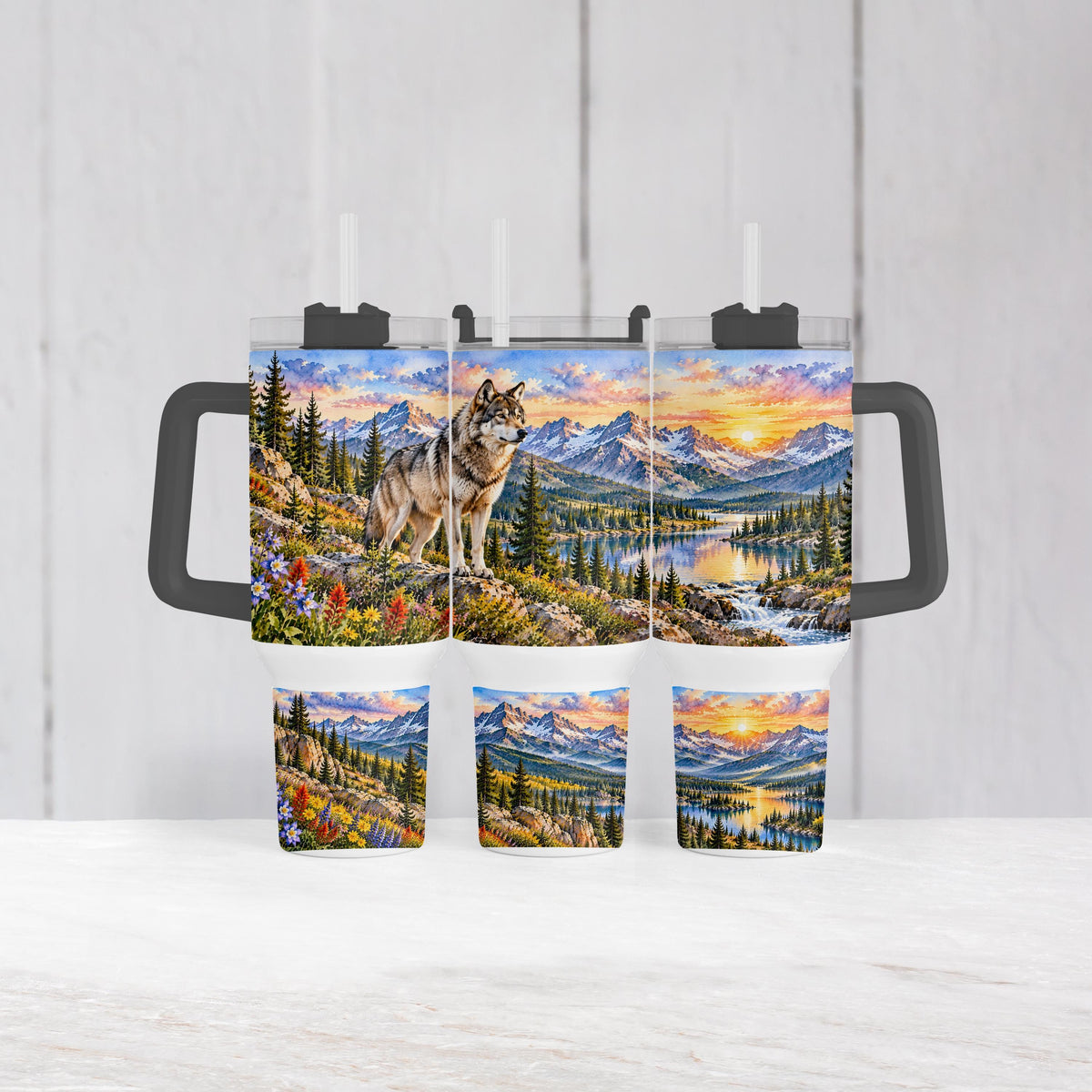 Gray Wolf Tumbler, 40 Oz With Handle, Mountain Lake Wildlife Cup