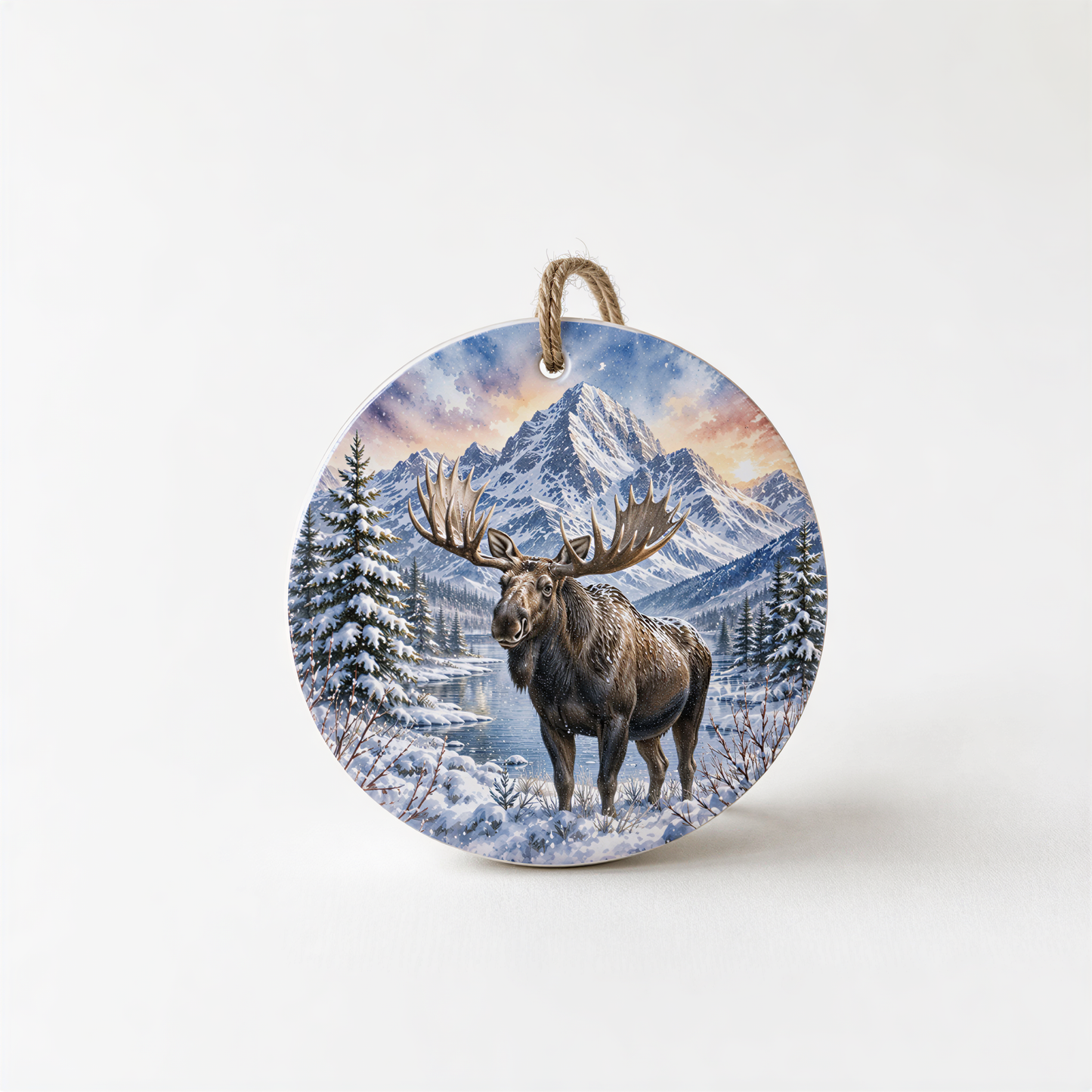 A moose standing in a snowy landscape with mountains in the background.