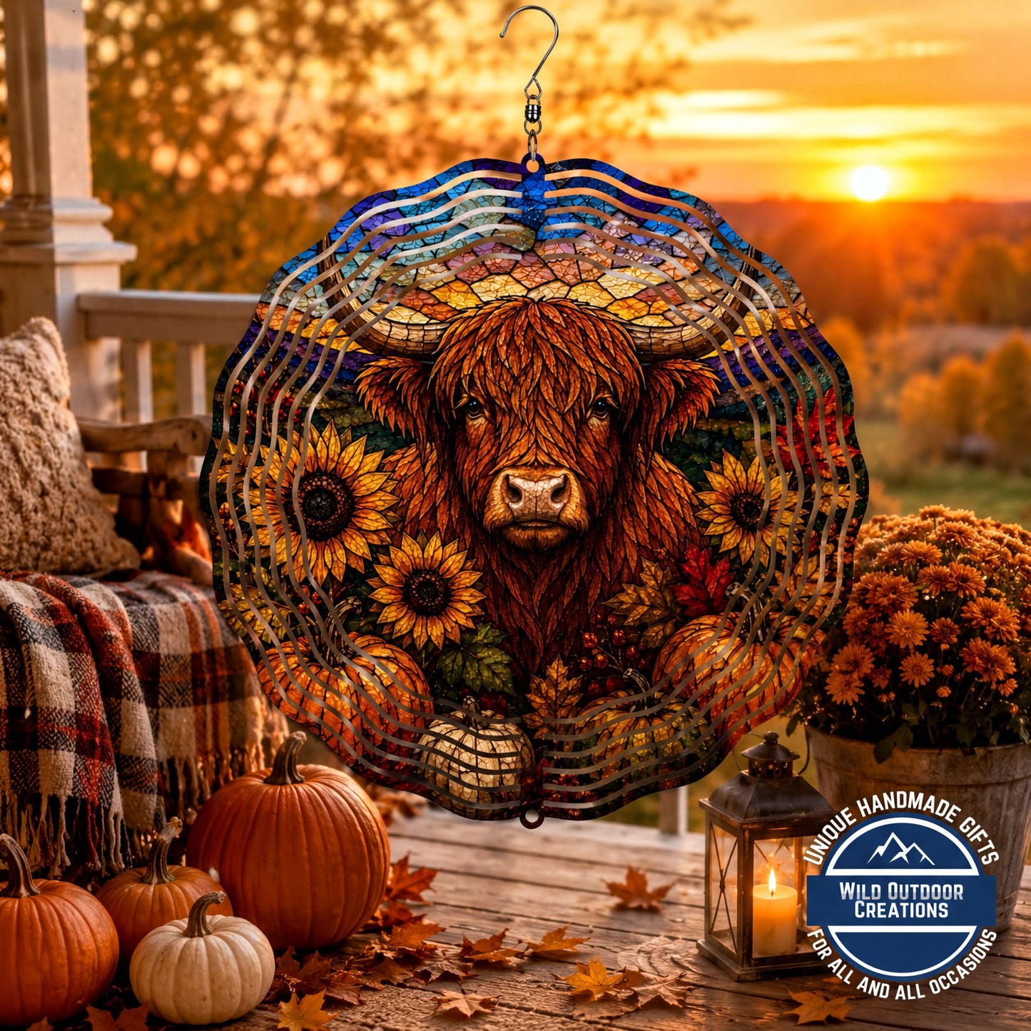 Highland Cow Faux Stained Glass Wind Spinner Fall Sunflower Garden Decor