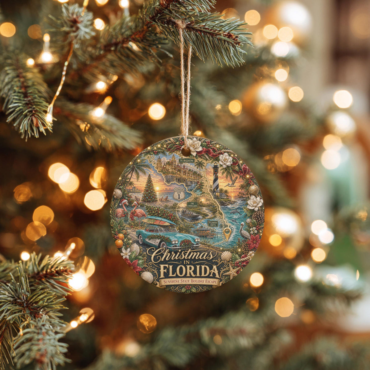 Florida Christmas Ornament, Vintage Ceramic Keepsake | 3 Inch Round