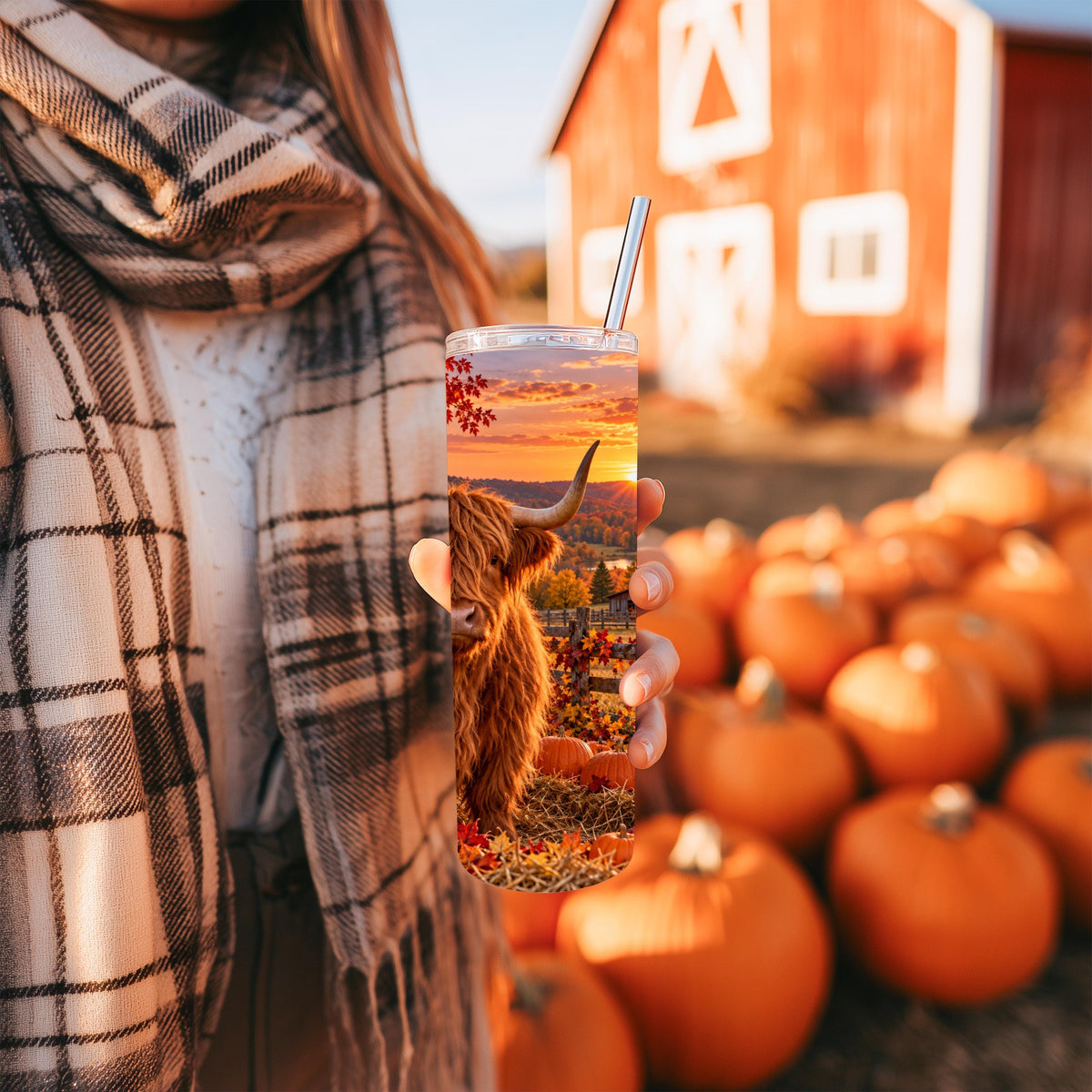 20 Oz Skinny Tumbler, Highland Cow Fall Pumpkin Patch, Red Barn