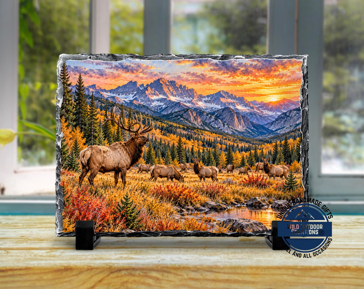 Elk Herd Slate Plaque, Colorado Mountain Wildlife Art, Rustic Fall Cabin Decor