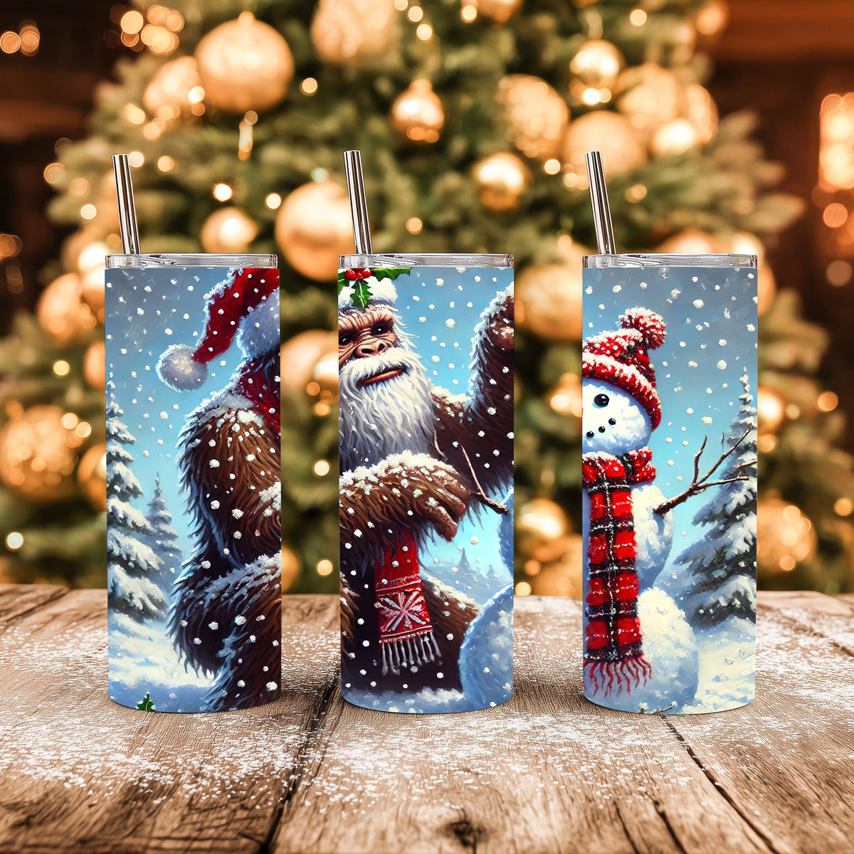Bigfoot Tumbler, Sasquatch Santa Hat Scene, 20 Oz Skinny Wrap