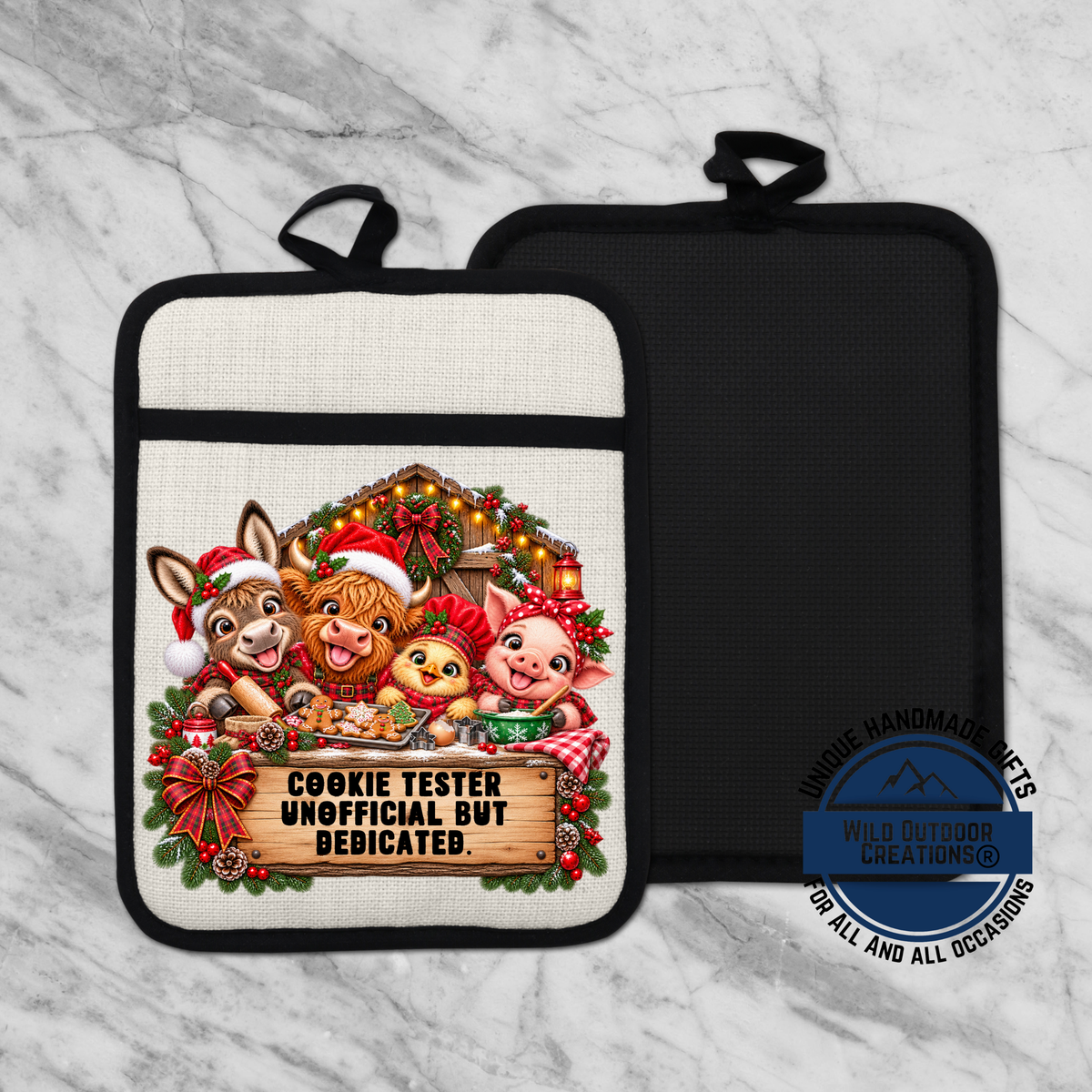 A kitchen pot holder with a Christmas-themed design featuring cartoon animals, including a cow, pig, and chicken, along with a sign that says "Cookie Tester Unofficial But Dedicated".