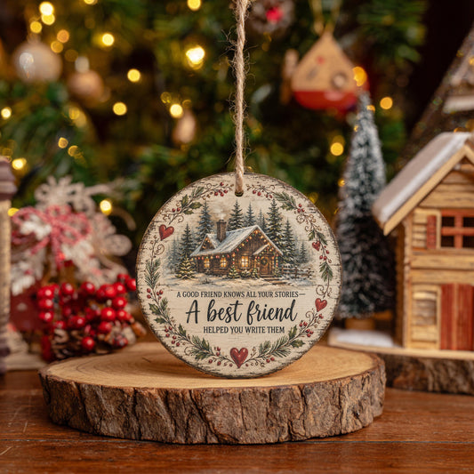 A wooden ornament with a Christmas tree in the background, featuring a house and a wreath design.