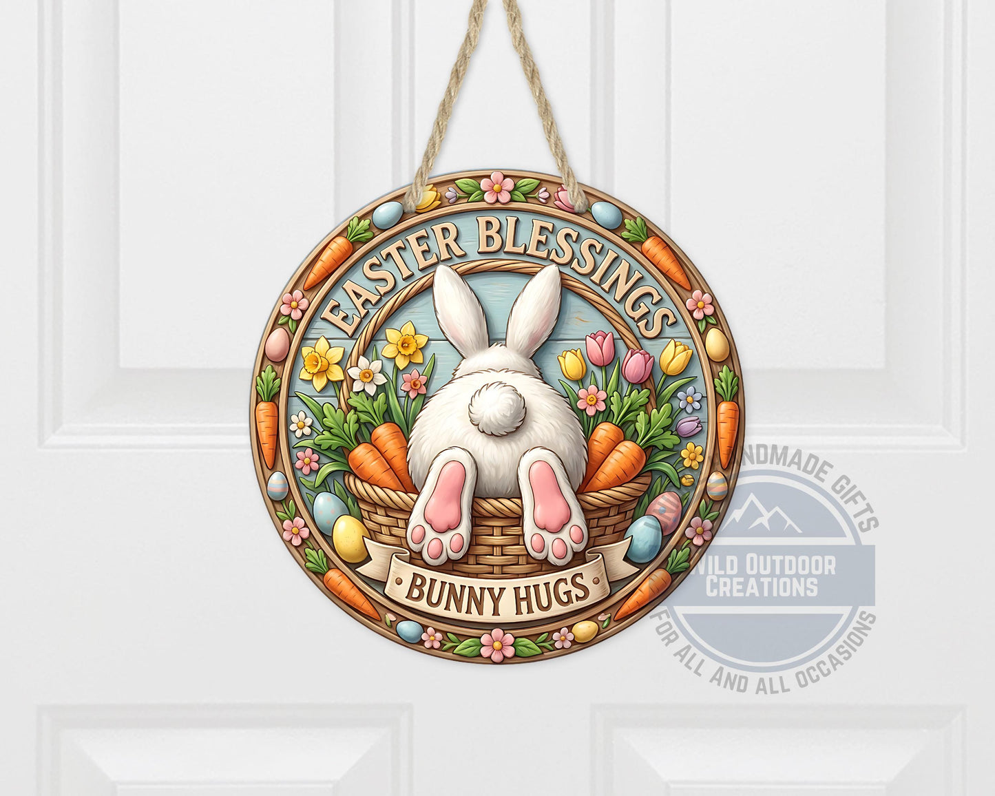 Easter Door Hanger - Round Aluminum Bunny Hugs Sign | Spring Porch Decor