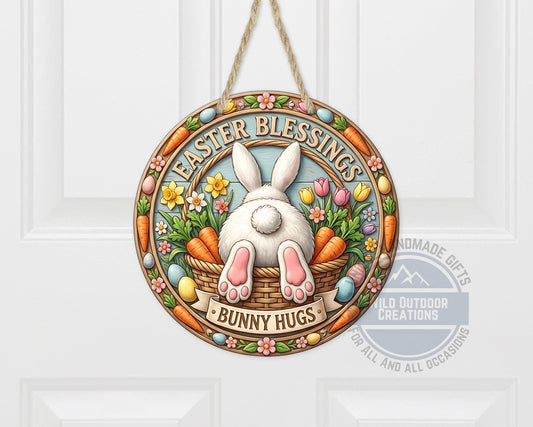 Easter Door Hanger - Round Aluminum Bunny Hugs Sign | Spring Porch Decor