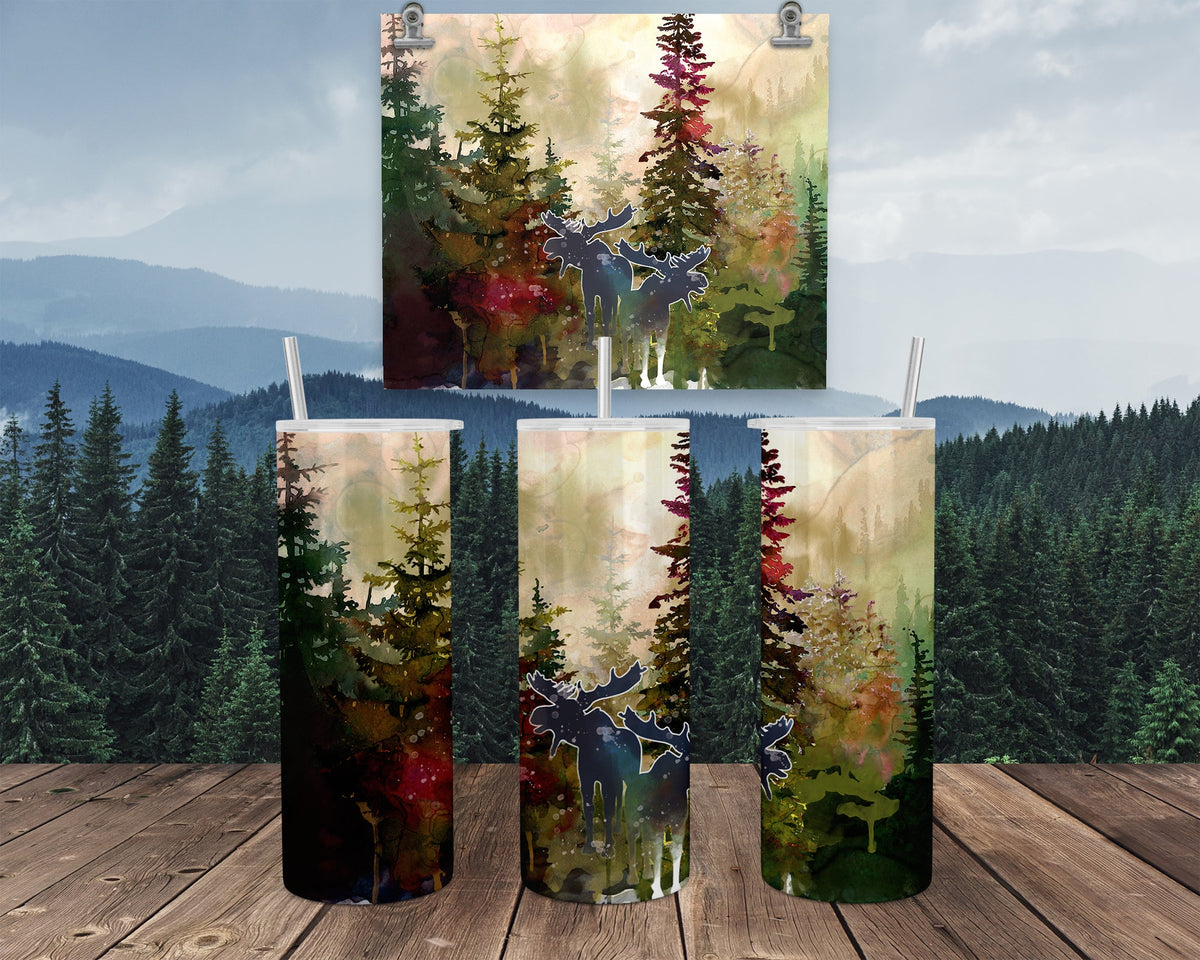 Moose Tumbler| Watercolor Forest Scene, 20Oz Stainless Steel Mug