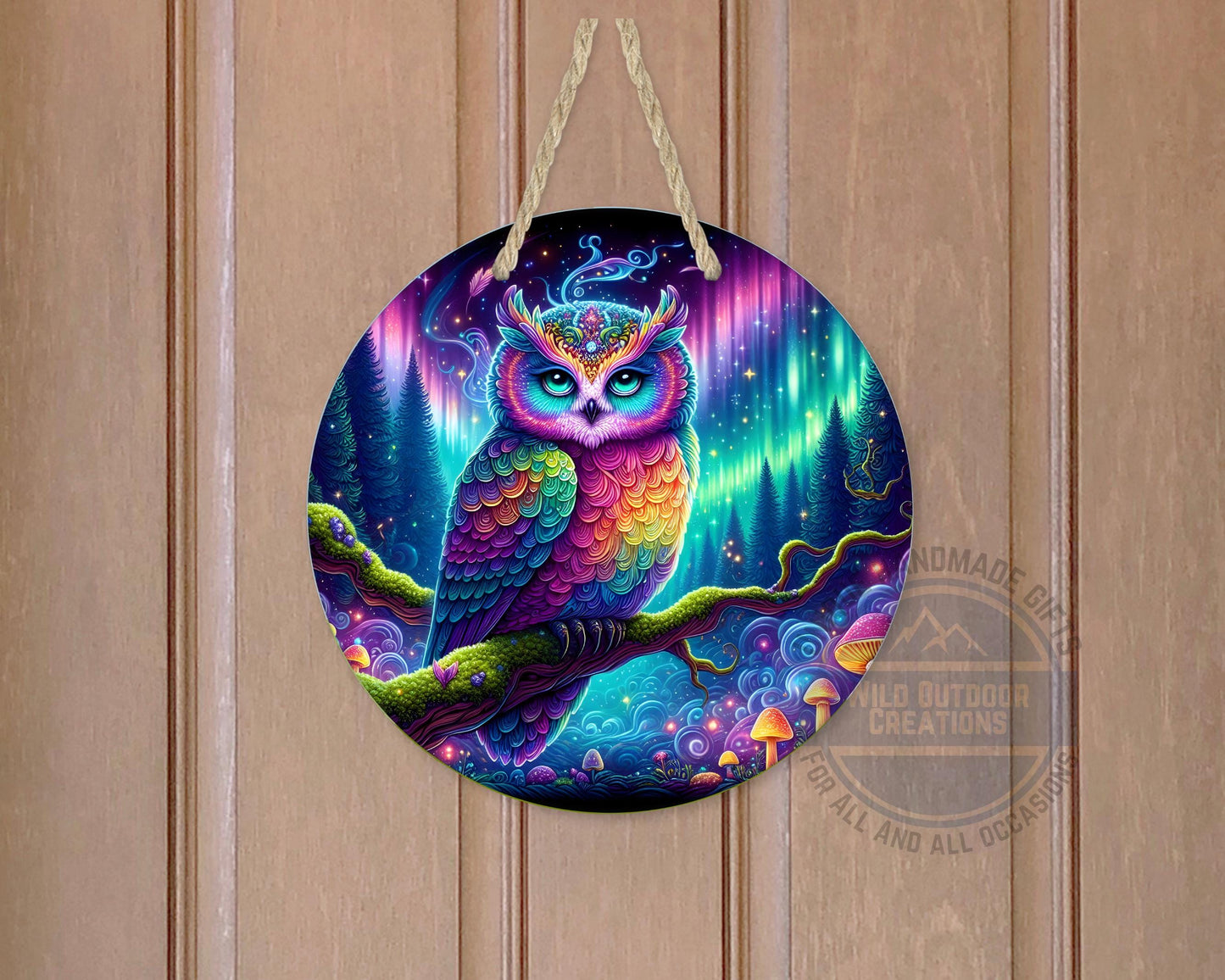 Rainbow Owl Wall Art – Psychedelic Forest Scene | Round Aluminum Sign With Fade Resistant Print - packaging and presentation