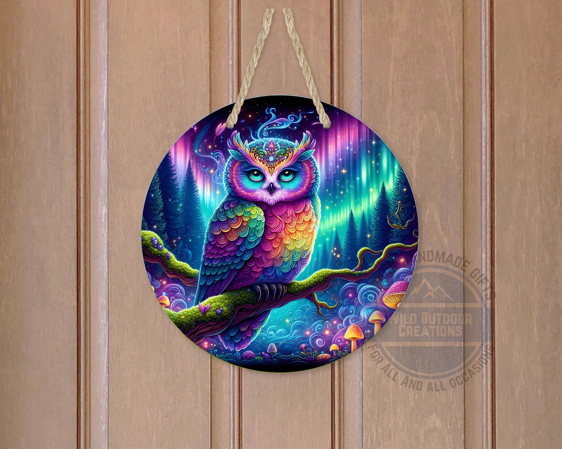 Rainbow Owl Wall Art – Psychedelic Forest Scene | Round Aluminum Sign With Fade Resistant Print - packaging and presentation