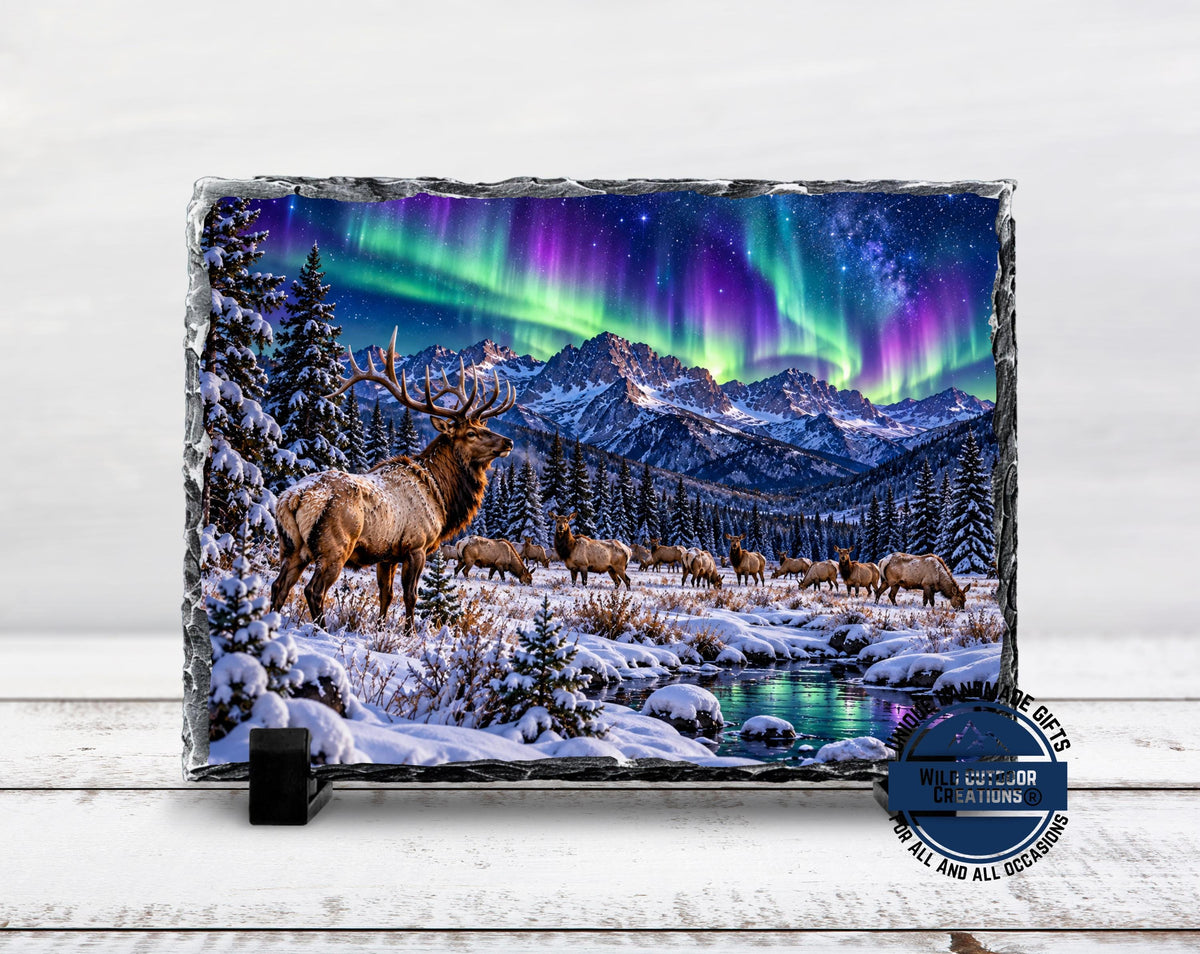 Elk Herd Slate Plaque, Northern Lights Wildlife Art, Rustic Mountain Cabin Decor