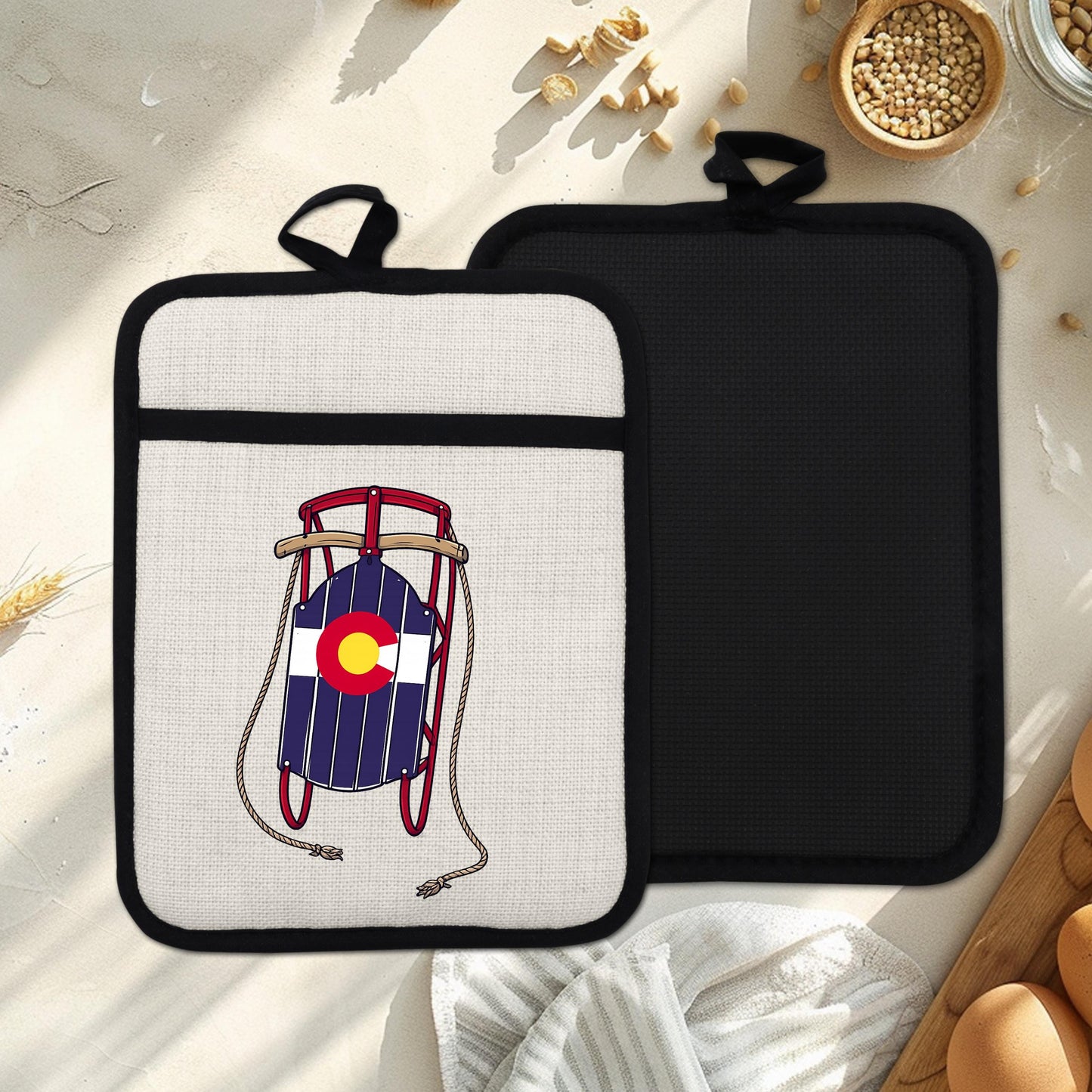 Colorado Sled Pot Holder - Linen Pot Holder with Silicone Back Trivet, Heat Resistant Oven Mitt - alternate view