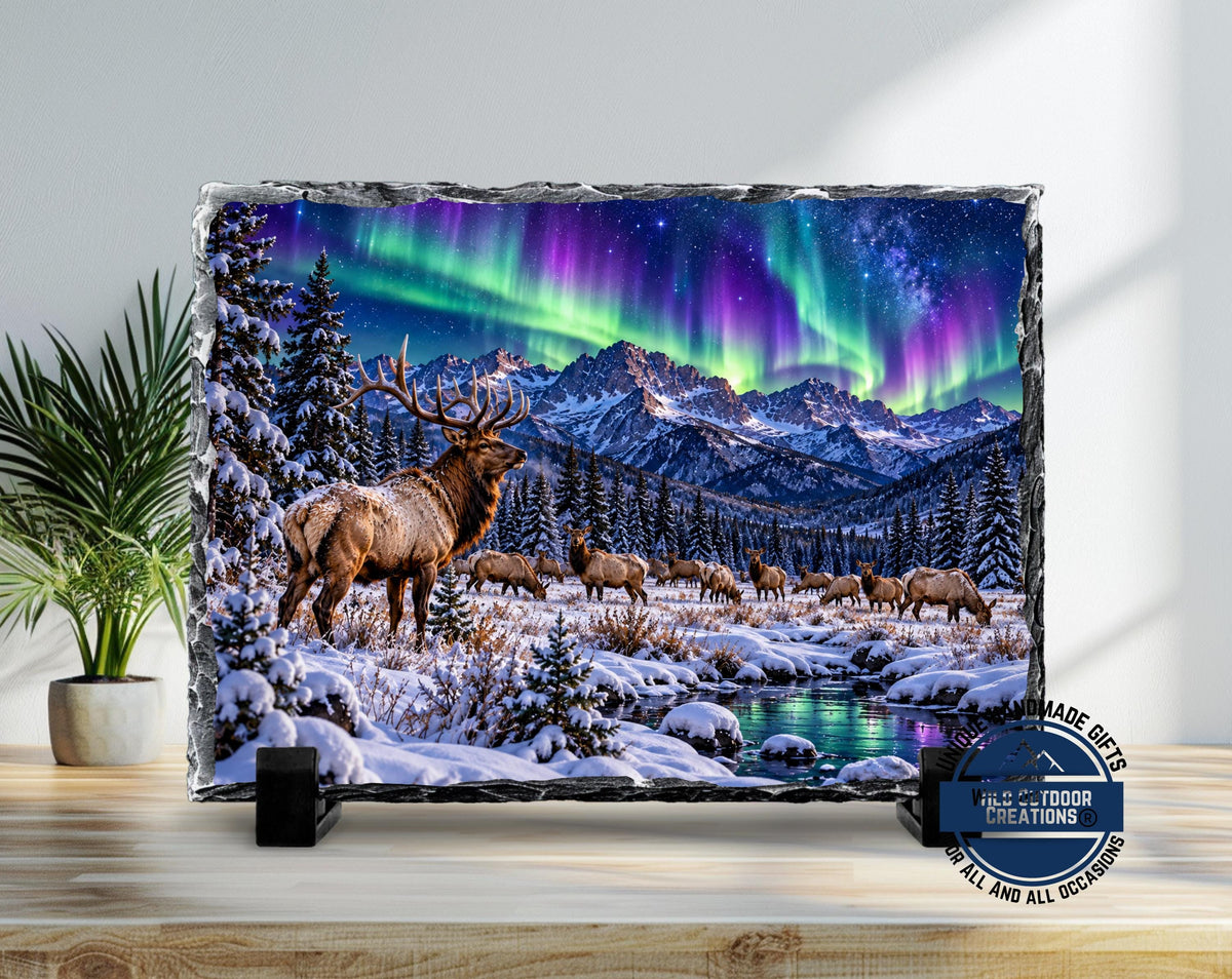 Elk Herd Slate Plaque, Northern Lights Wildlife Art, Rustic Mountain Cabin Decor