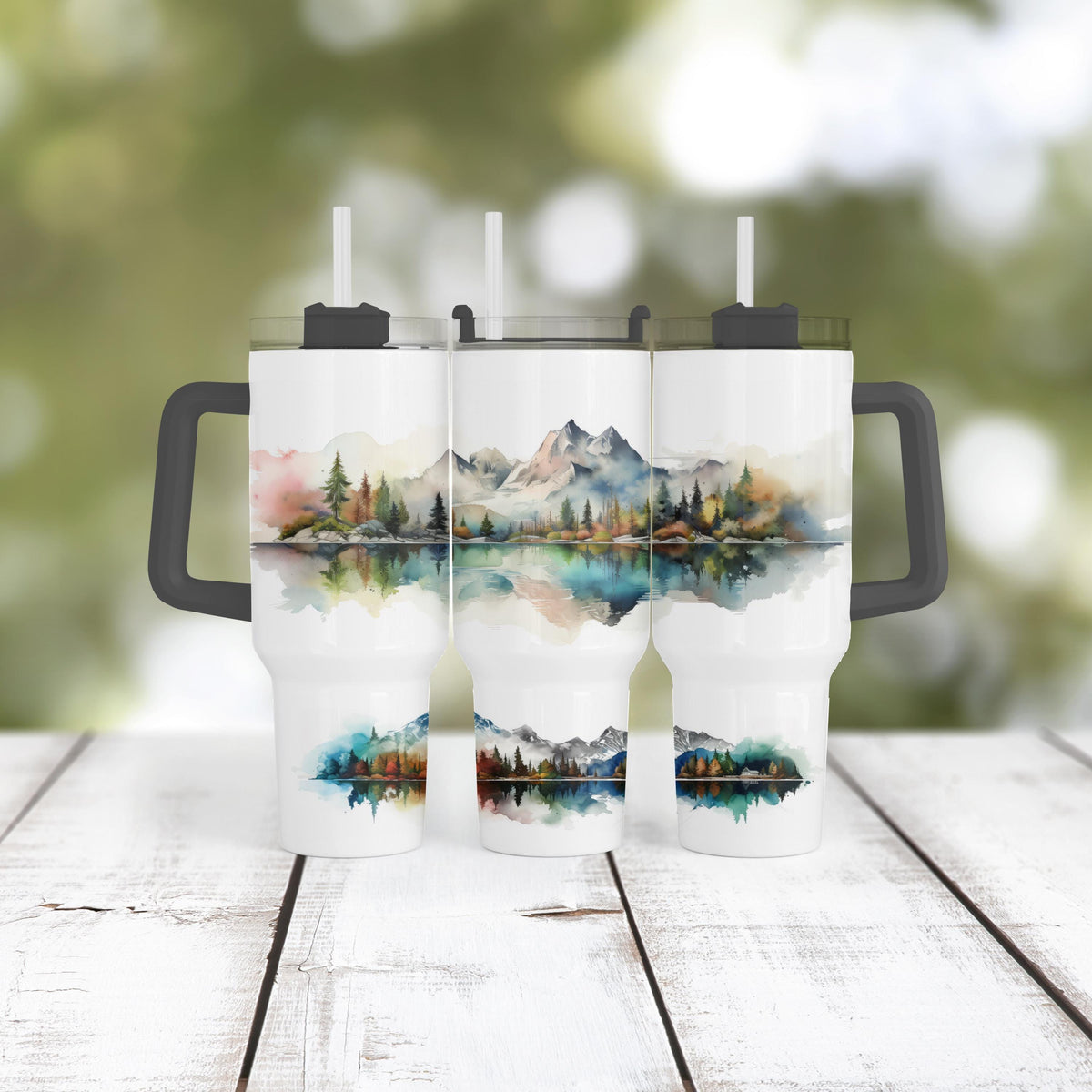 Mountain Lake Tumbler, 40 Oz Watercolor Handle, Forest Landscape