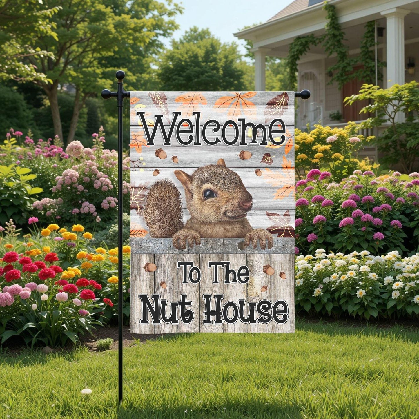 Fall Garden Flag – Welcome To The Nut House Squirrel Double-Sided Outdoor Decor - full product view