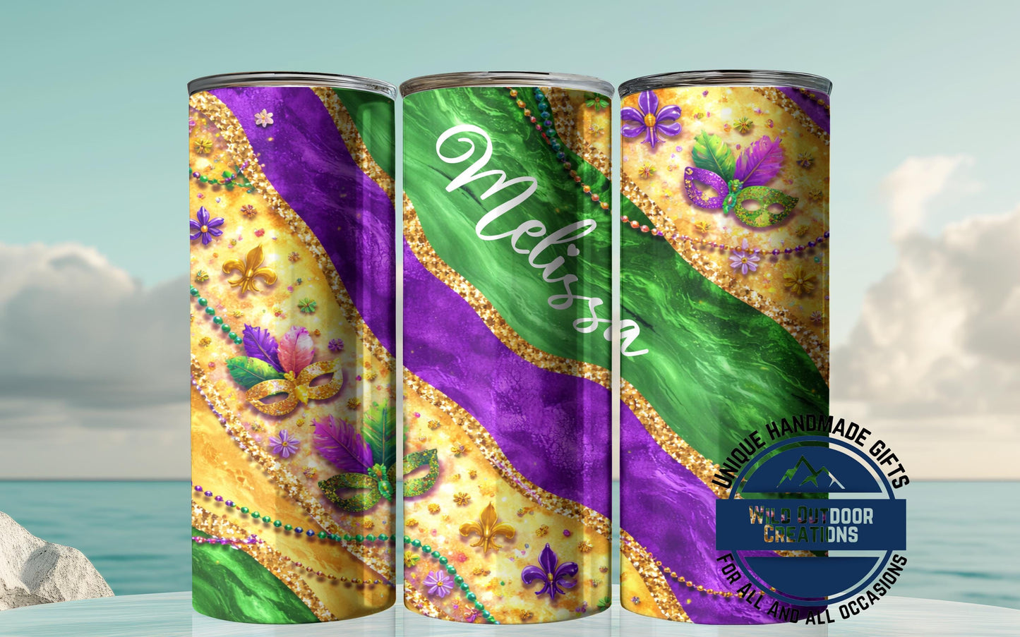 Custom Name Tumbler - Mardi Gras Mask Design | Glow in Dark Green Festival Cup - alternate view