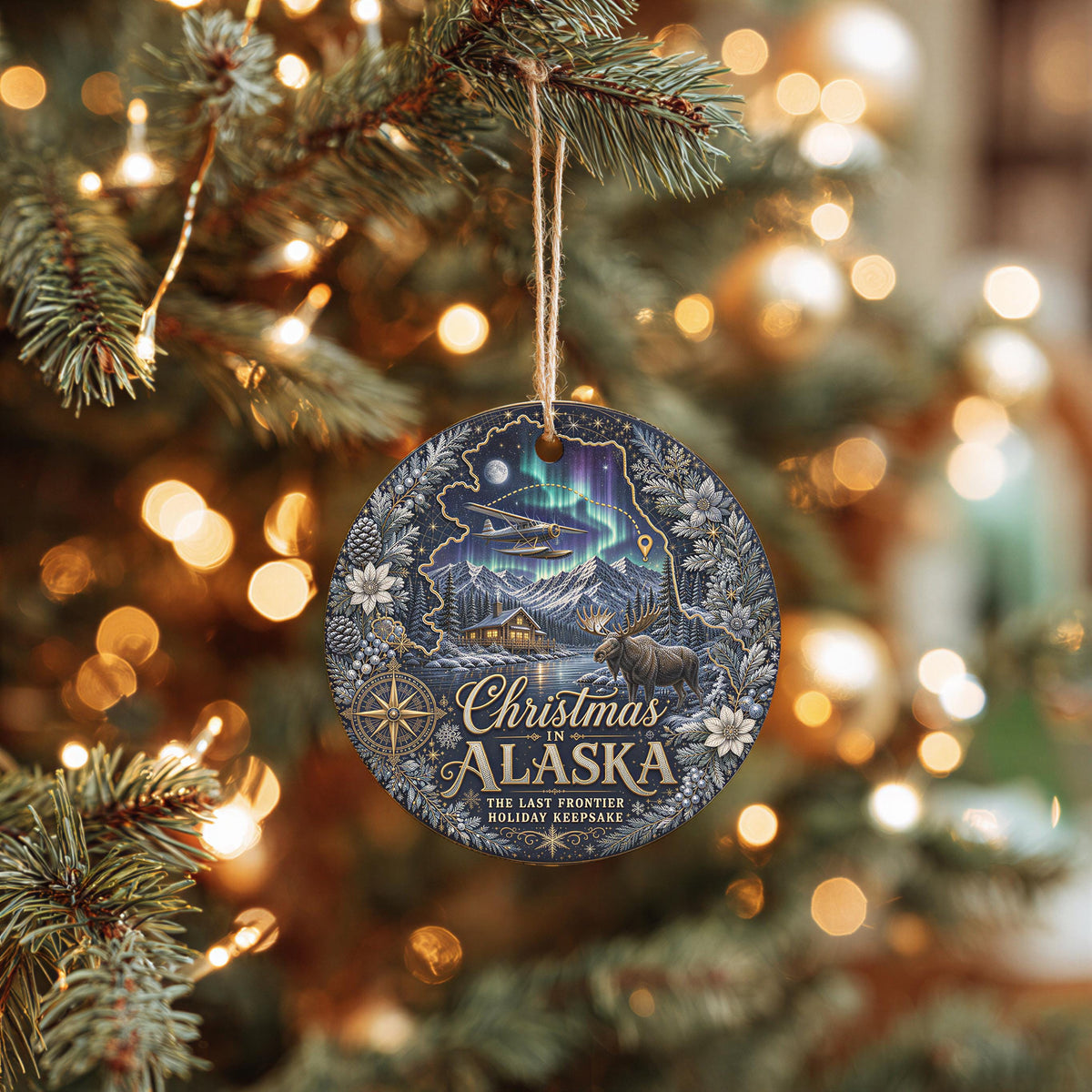 Alaska Ornament - Northern Lights Moose Cabin, 3 Inch Ceramic Tree