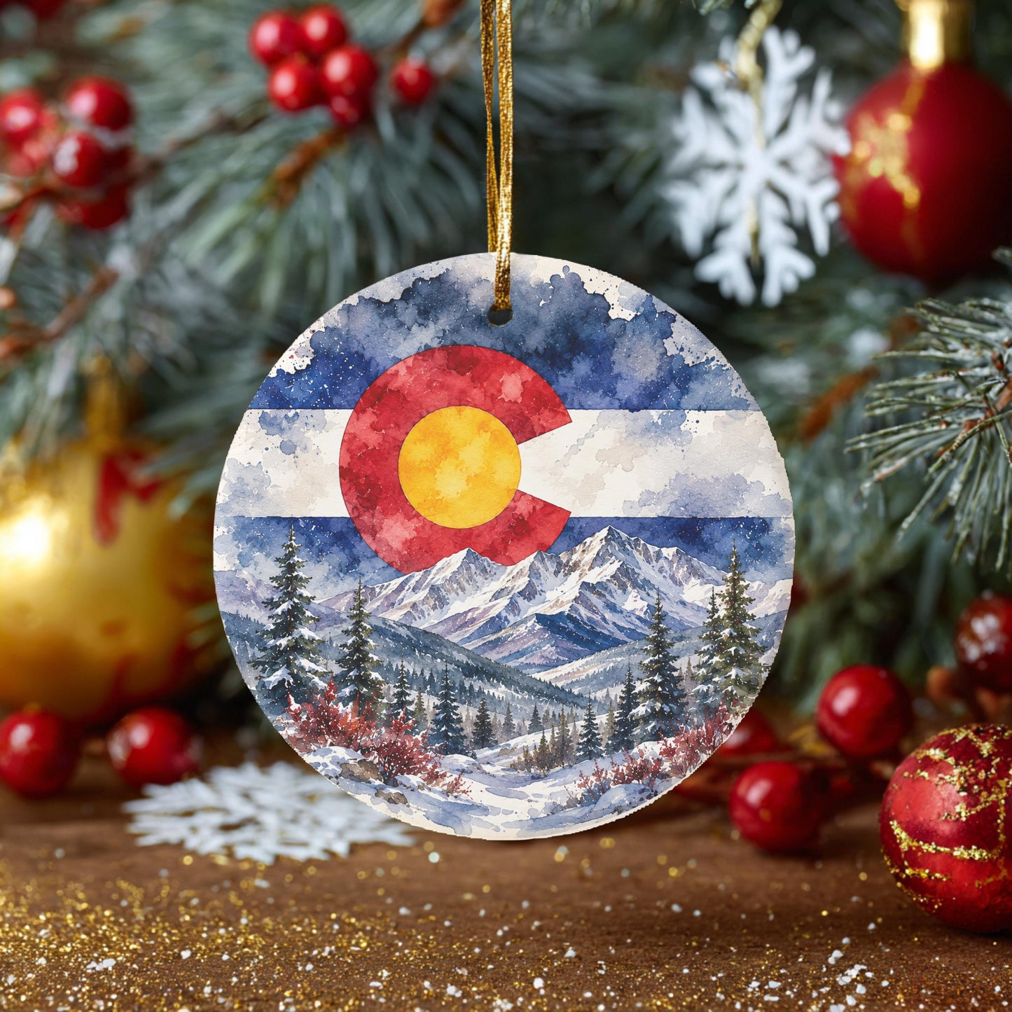 A round ornament featuring a snowy mountain landscape with pine trees and a large Colorado flag in the center, surrounded by Christmas decorations and ornaments.