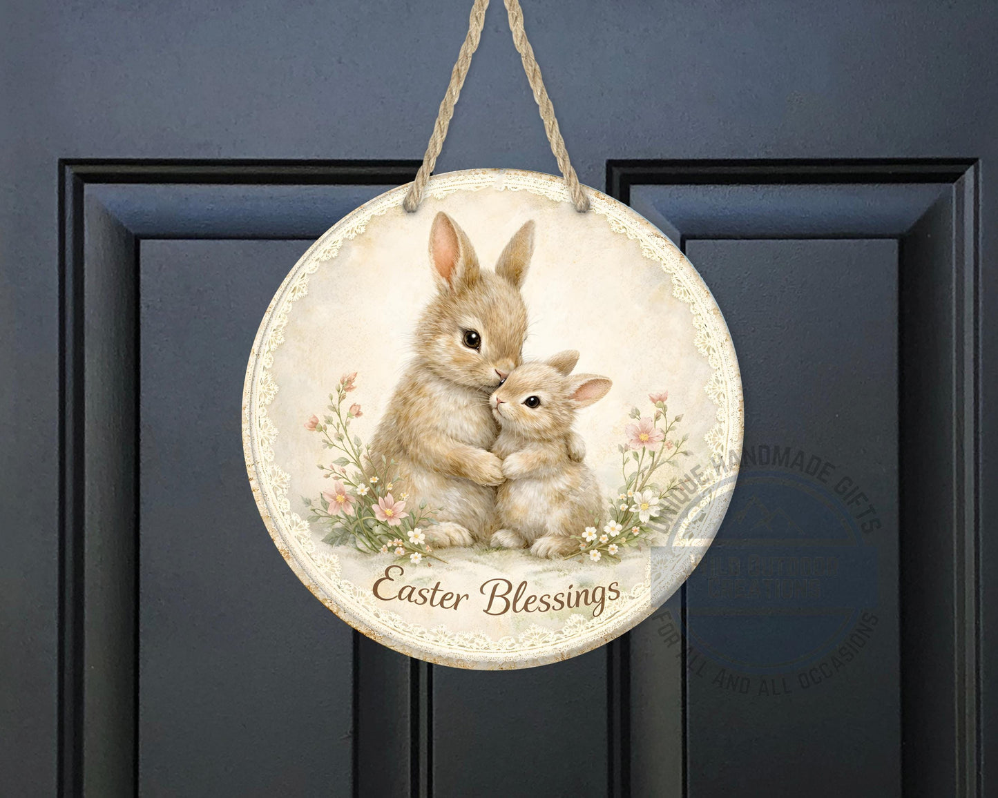 Spring Bunny Door Hanger – Floral Easter Sign | 10" Round Aluminum Decor - gift presentation view