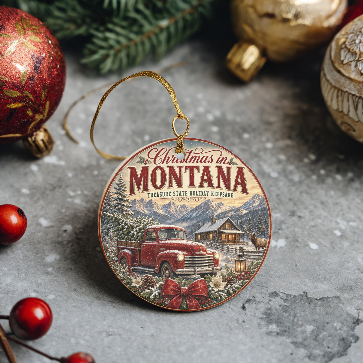 Montana Christmas Ornament, Rustic Cabin Scene | Ceramic, 3 Inch