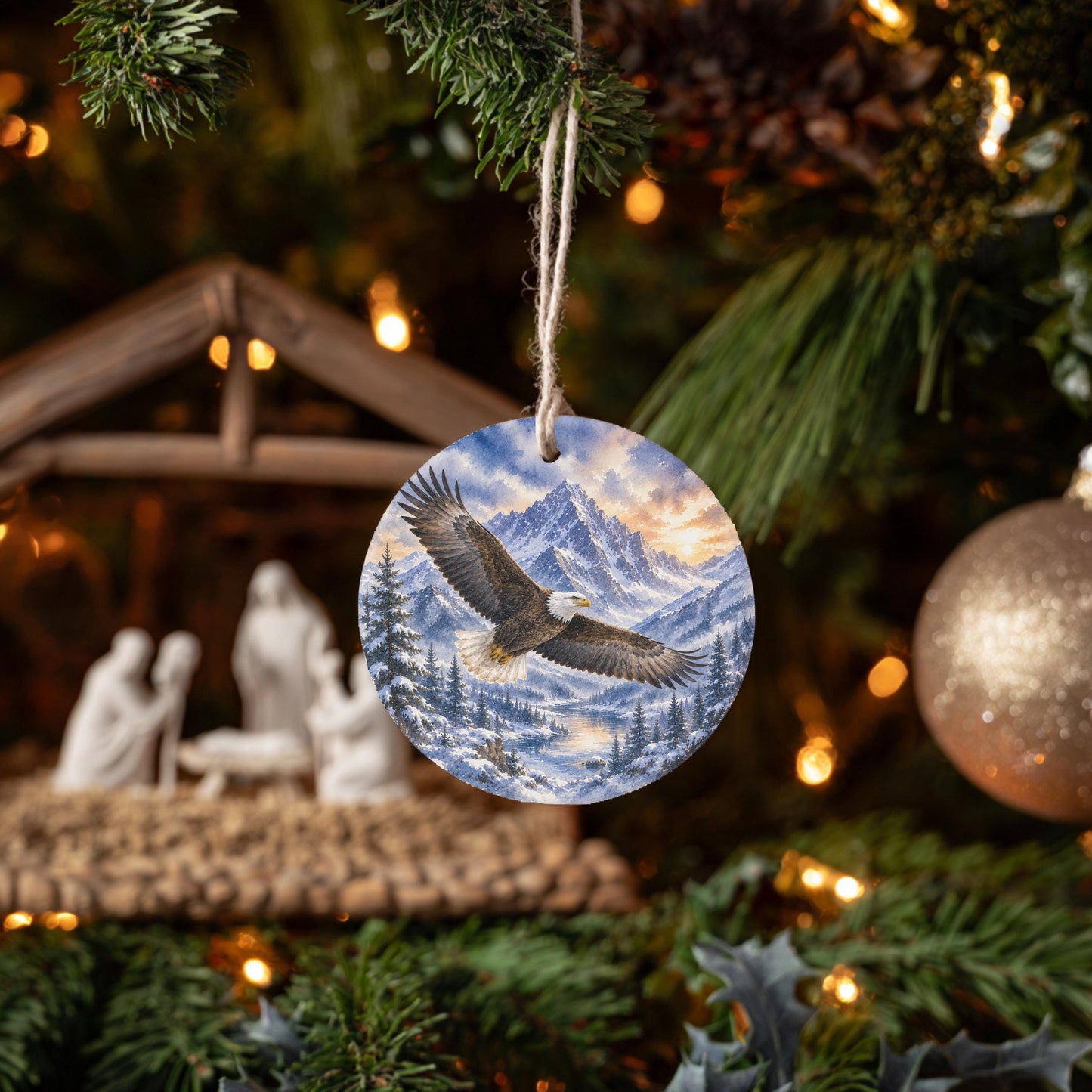 Bald Eagle Ornament, Watercolor Mountains, 3 Inch Ceramic Round