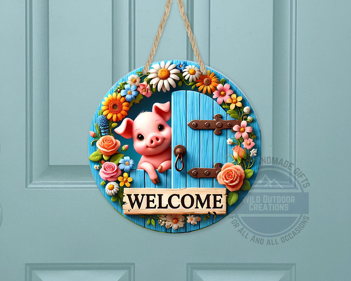 Pig Door Hanger – Farmhouse Welcome Sign | Floral Blue Wood Aluminum Decor - additional angle
