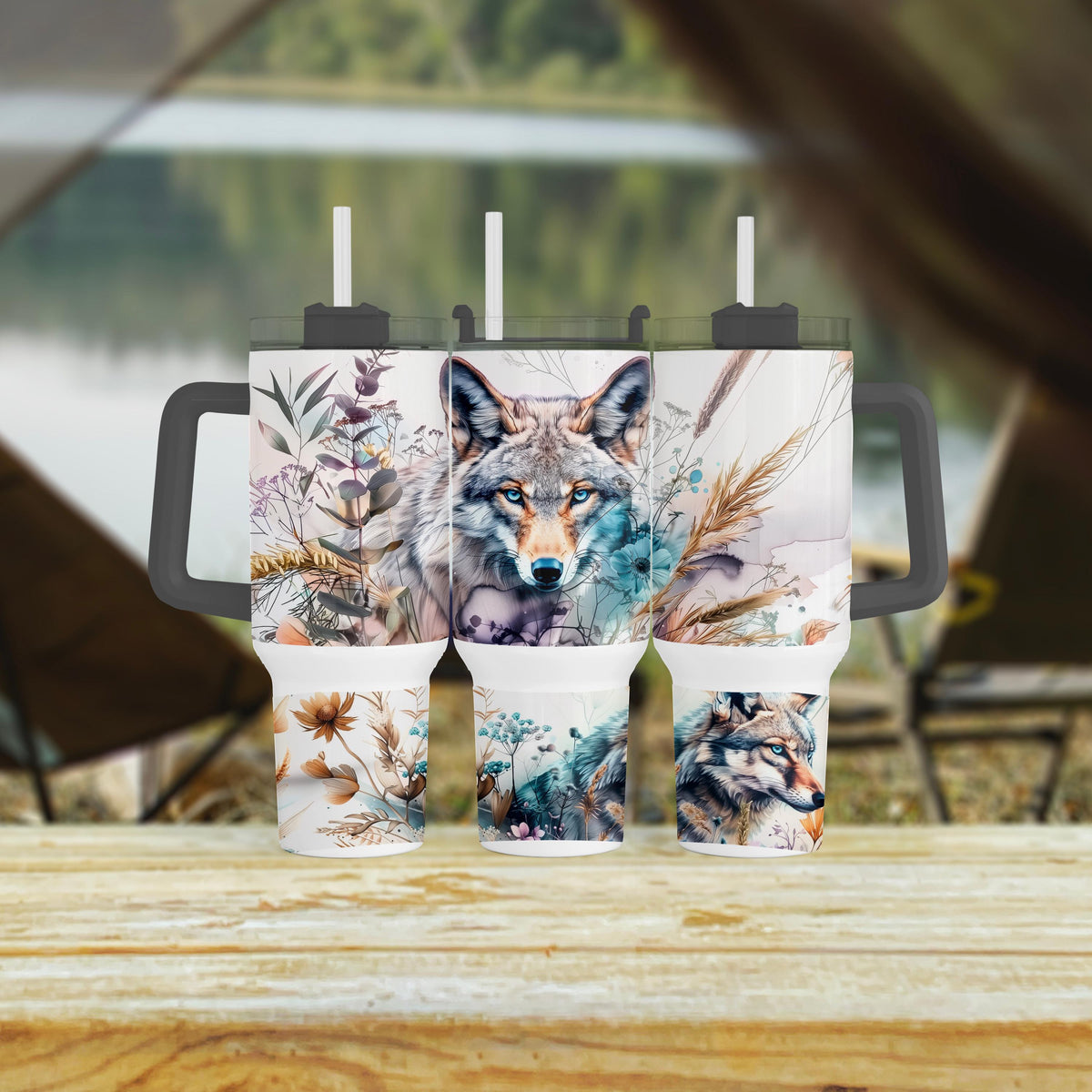 Boho Wolf Tumbler, 40 Oz With Handle, Wildflower Cup Gift For Her