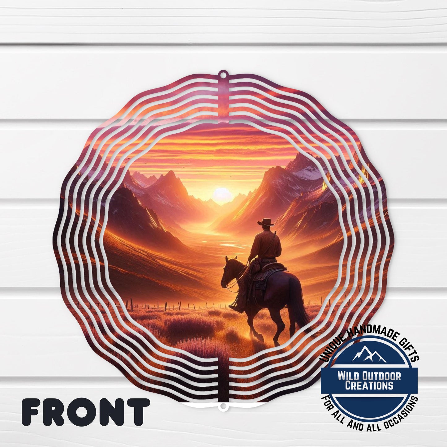 Cowboy Wind Spinner – Horse Sunset Scene | Outdoor Ranch Decor, 10 Inch - shown spinning in outdoor garden setting