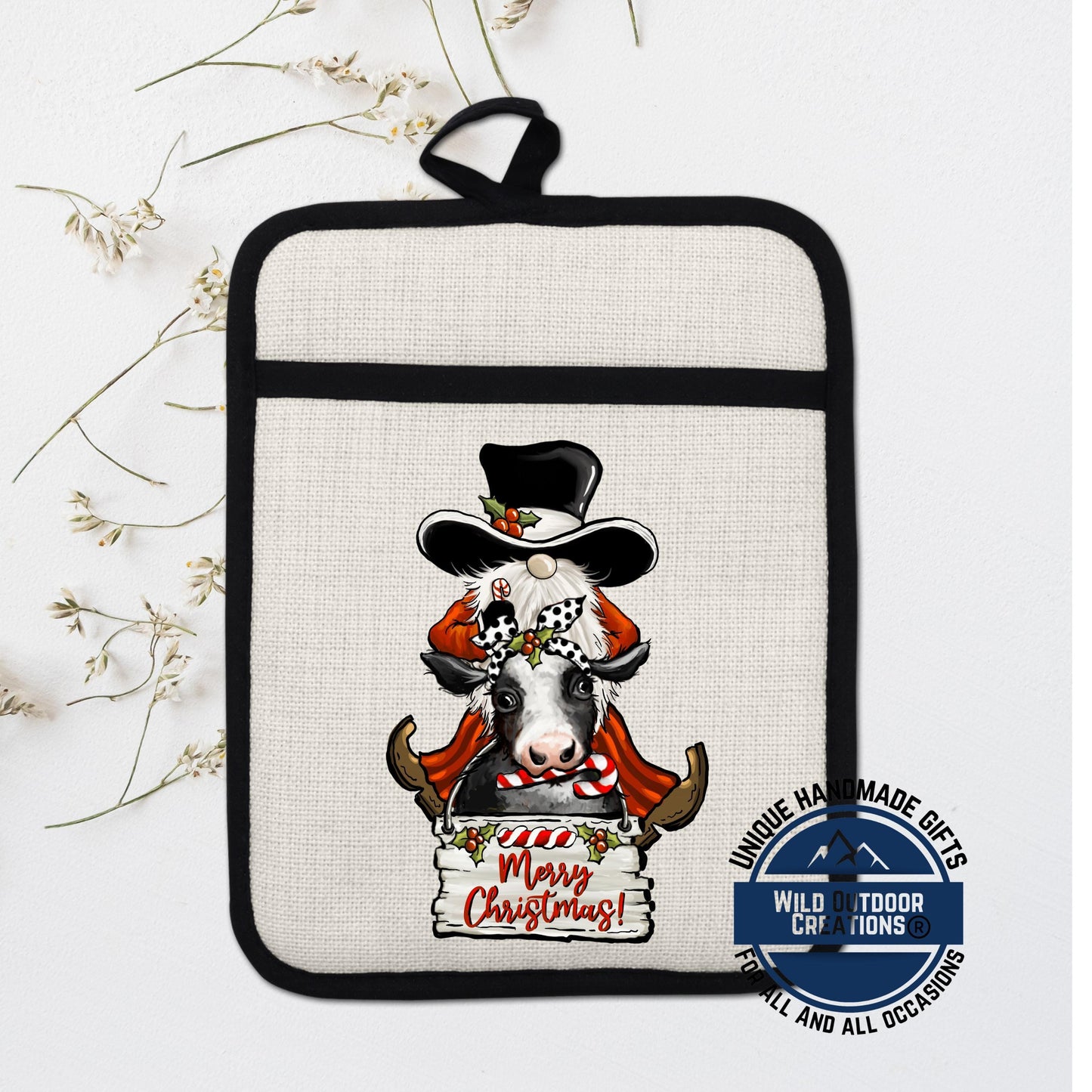Christmas Cow Pot Holder Linen Hot Pad Cowboy Gnome Farmhouse Kitchen Gift