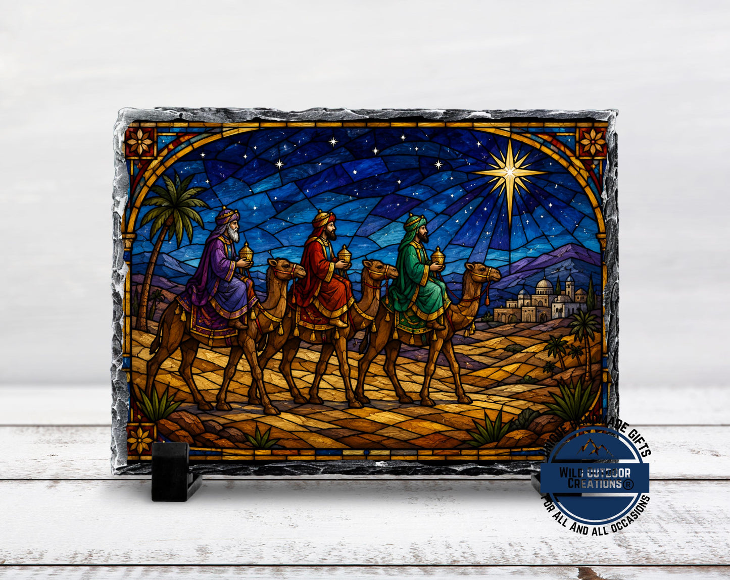 Three Wise Men Faux Stained Glass Slate Plaque, Christmas Nativity Decor, Religious Gift