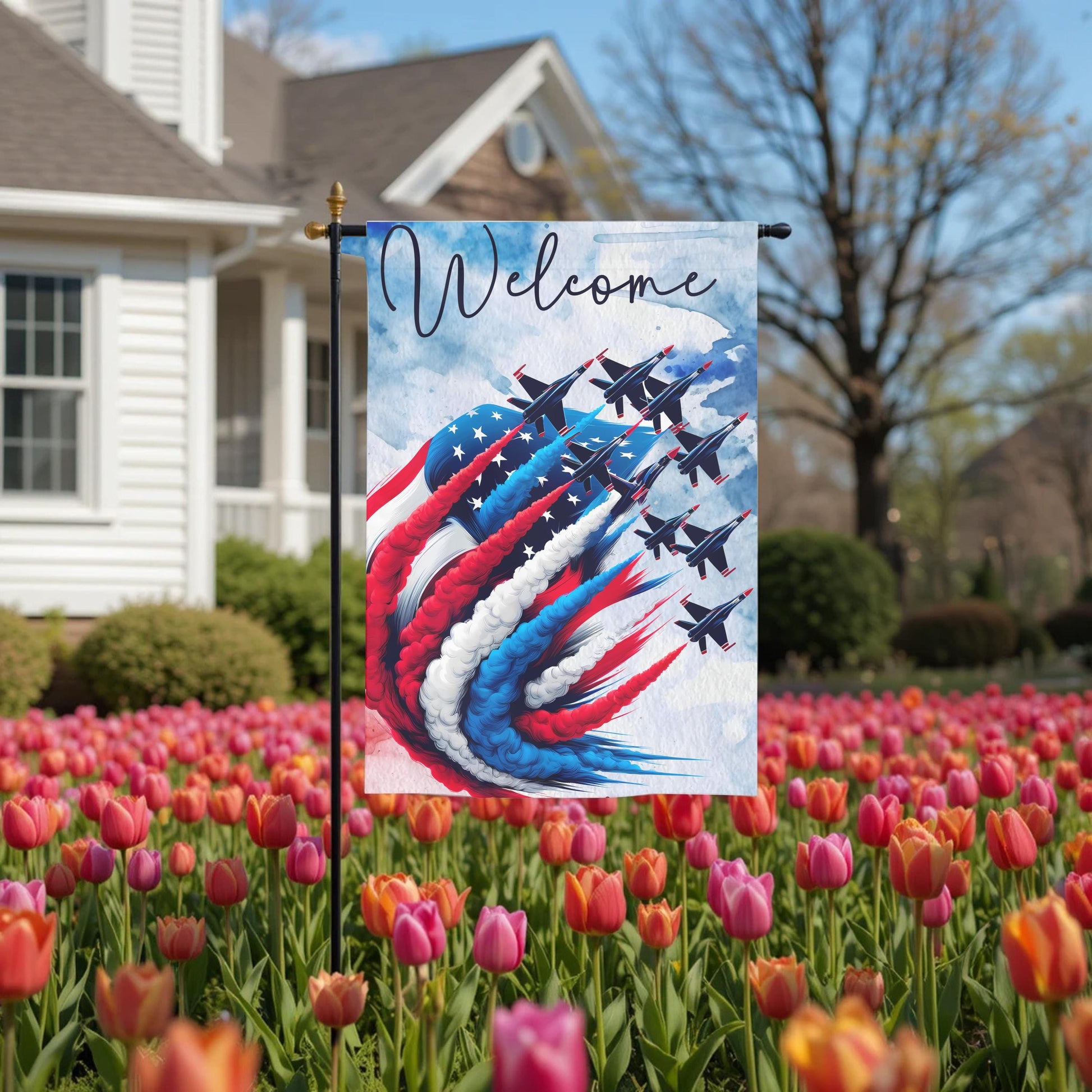 Patriotic Garden Flag - Double Sided 12x18 Red White Blue Fighter Jet Design - alternate view