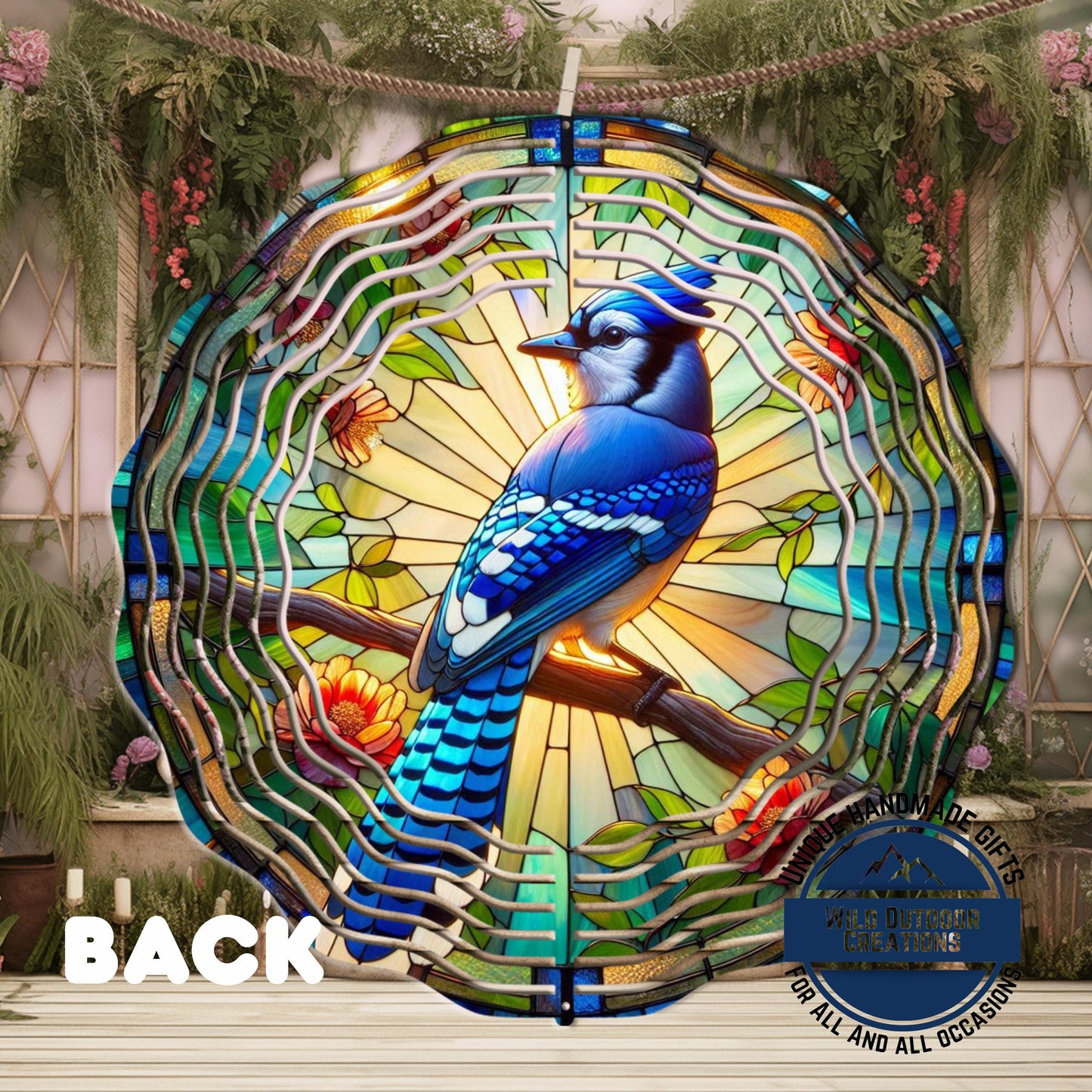 Blue Jay Wind Spinner – 10 Inch Aluminum Garden Spinner with Faux Stained Glass Decor - alternate view