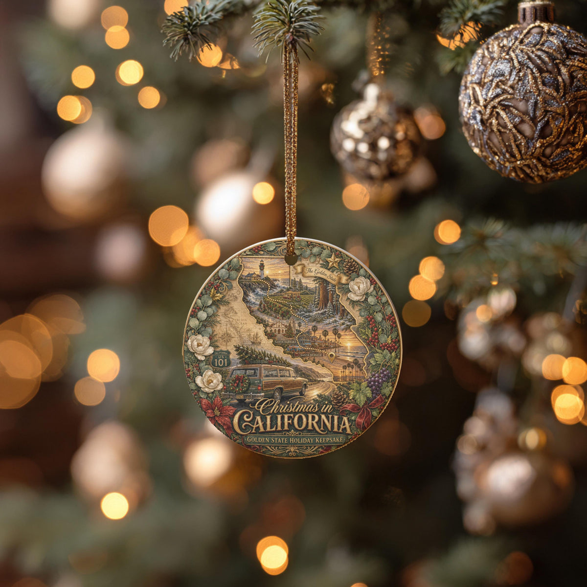 California Christmas Ornament, Vintage Wagon Ceramic Keepsake
