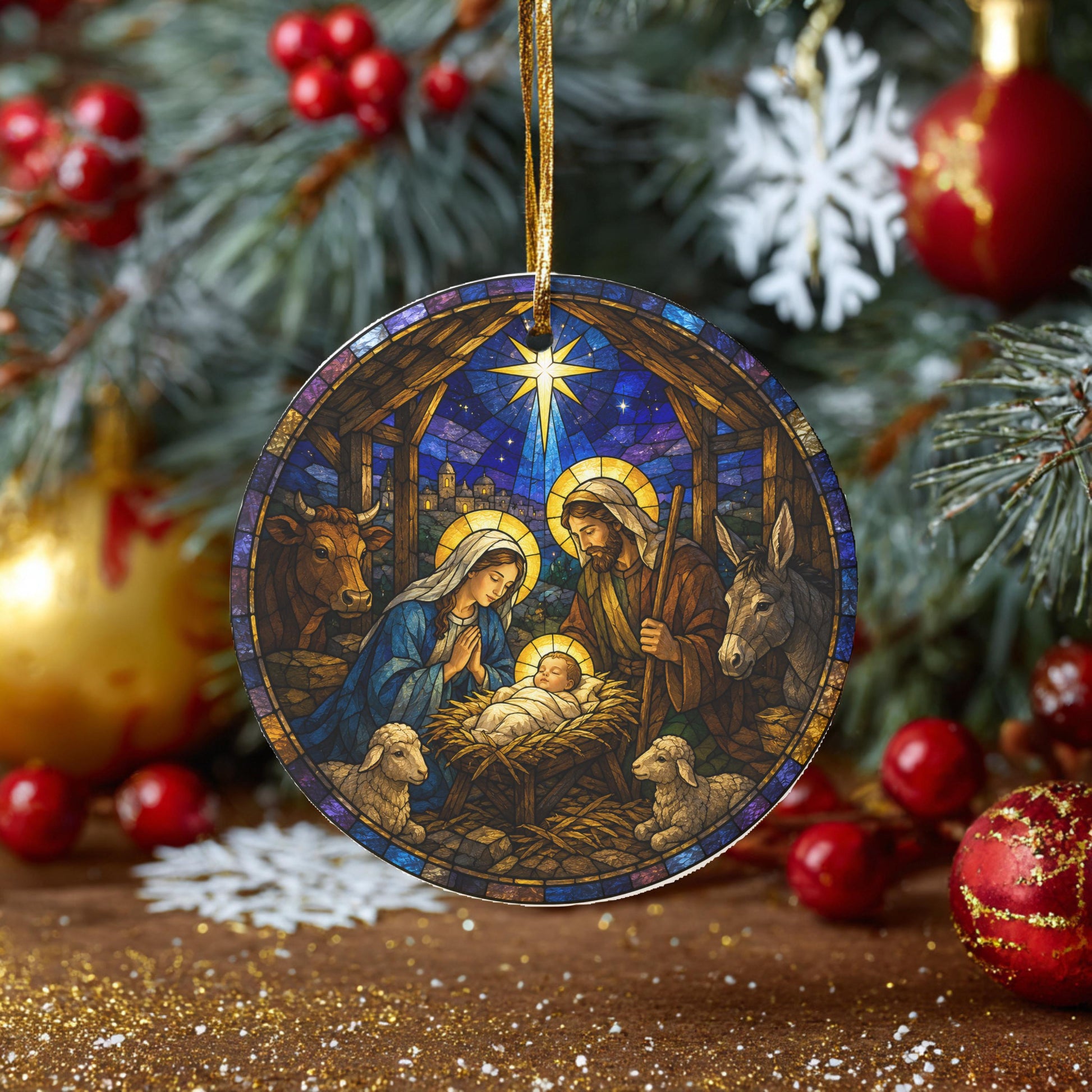 A stained glass ornament depicting the Nativity scene hangs in the center of the image, surrounded by Christmas decorations and ornaments.