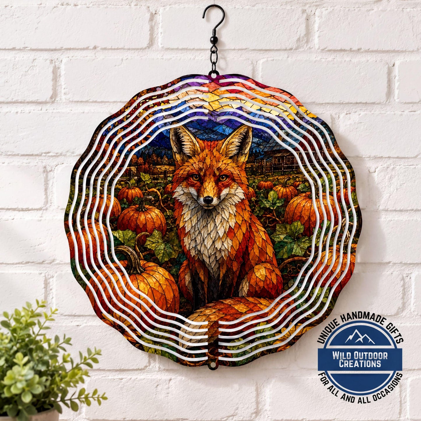 Fox Faux Stained Glass Wind Spinner Fall Pumpkin Patch Garden Decor